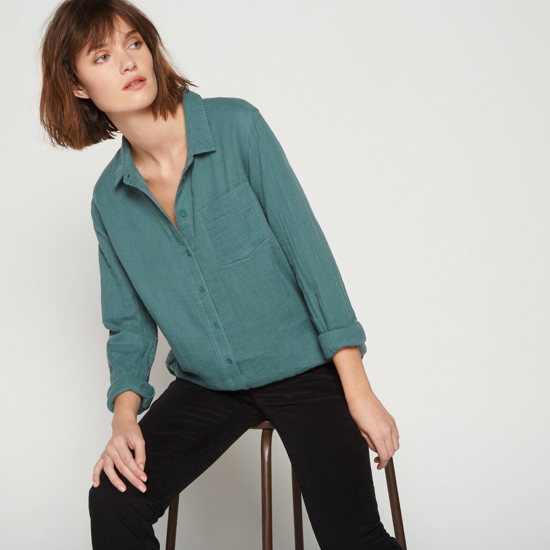 Chemise manches longues en coton tubique, Emeraude, large image number 0