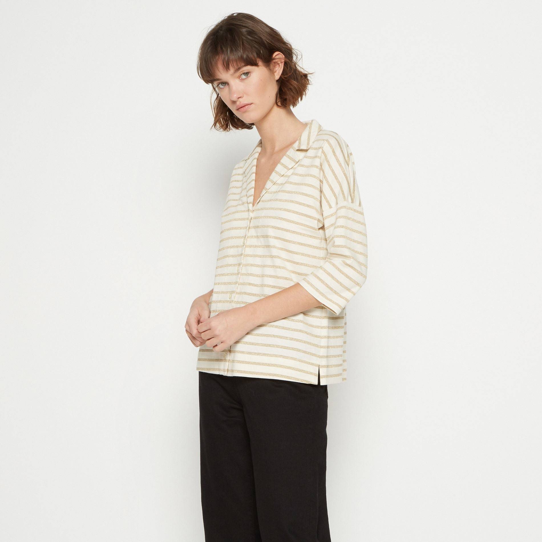 Chemise en maille à rayures dorées, Camel, large image number 0