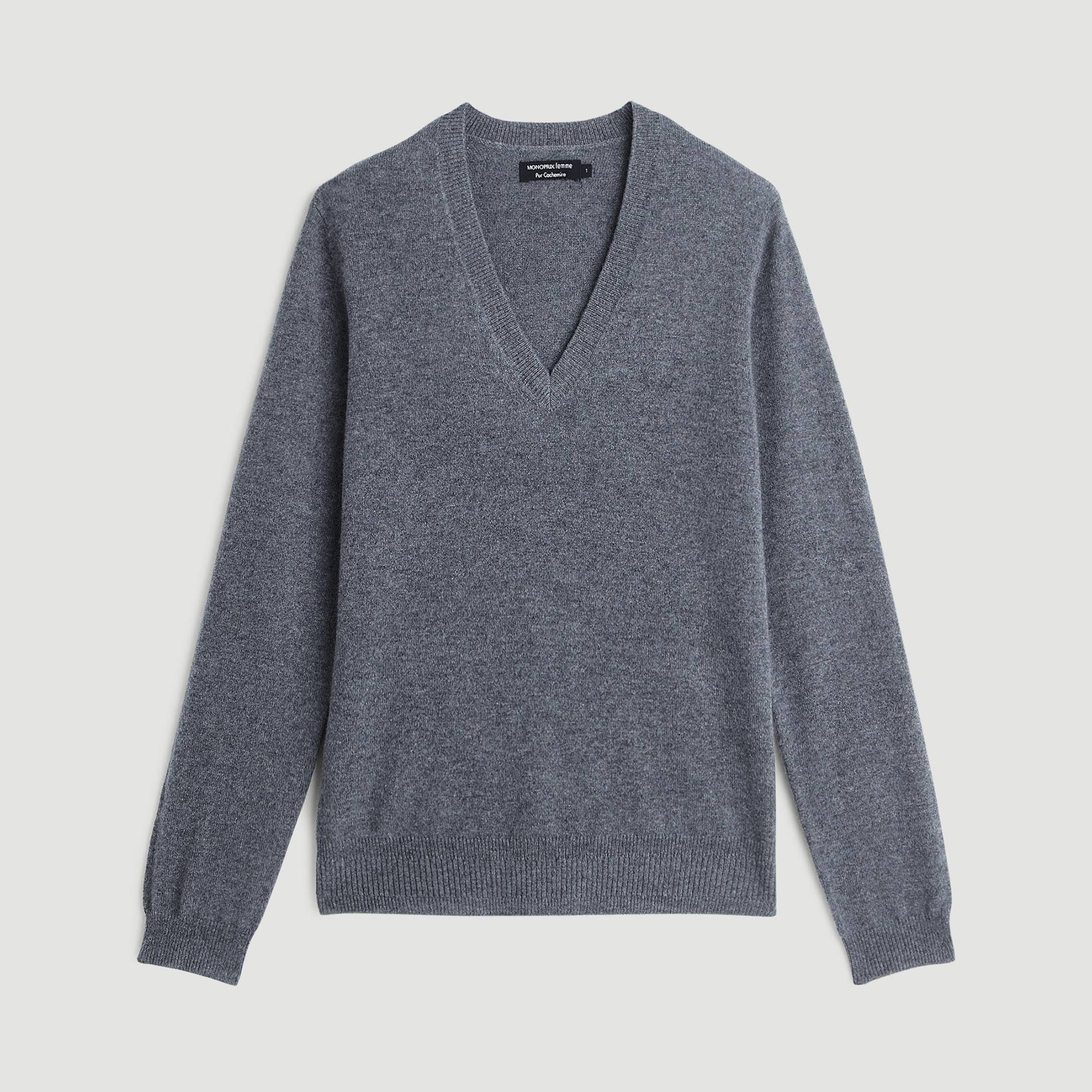 Pull en cachemire manches longues col V, Gris anthracite, large image number 2