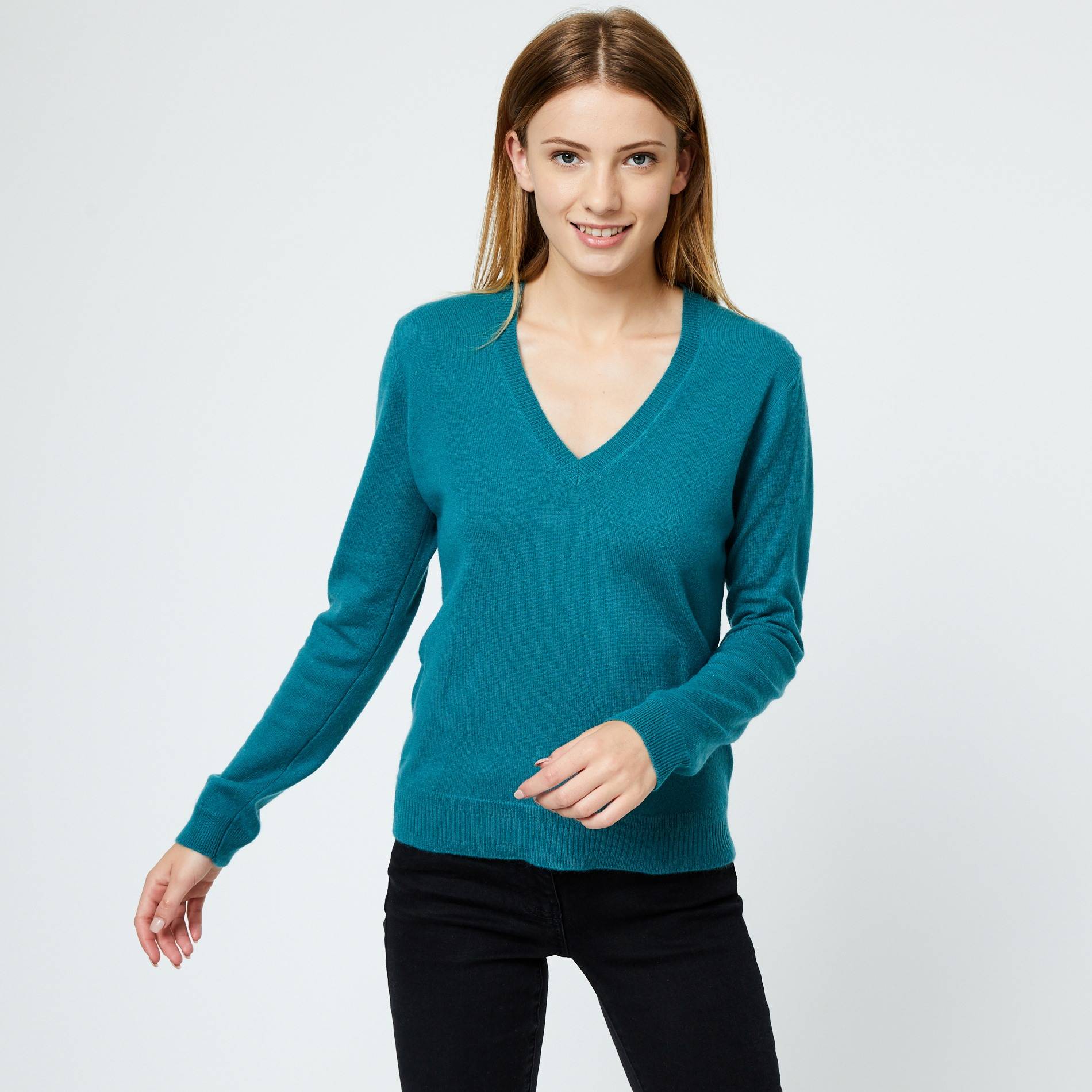 Pull en cachemire manches longues col V, Emeraude, large image number 0