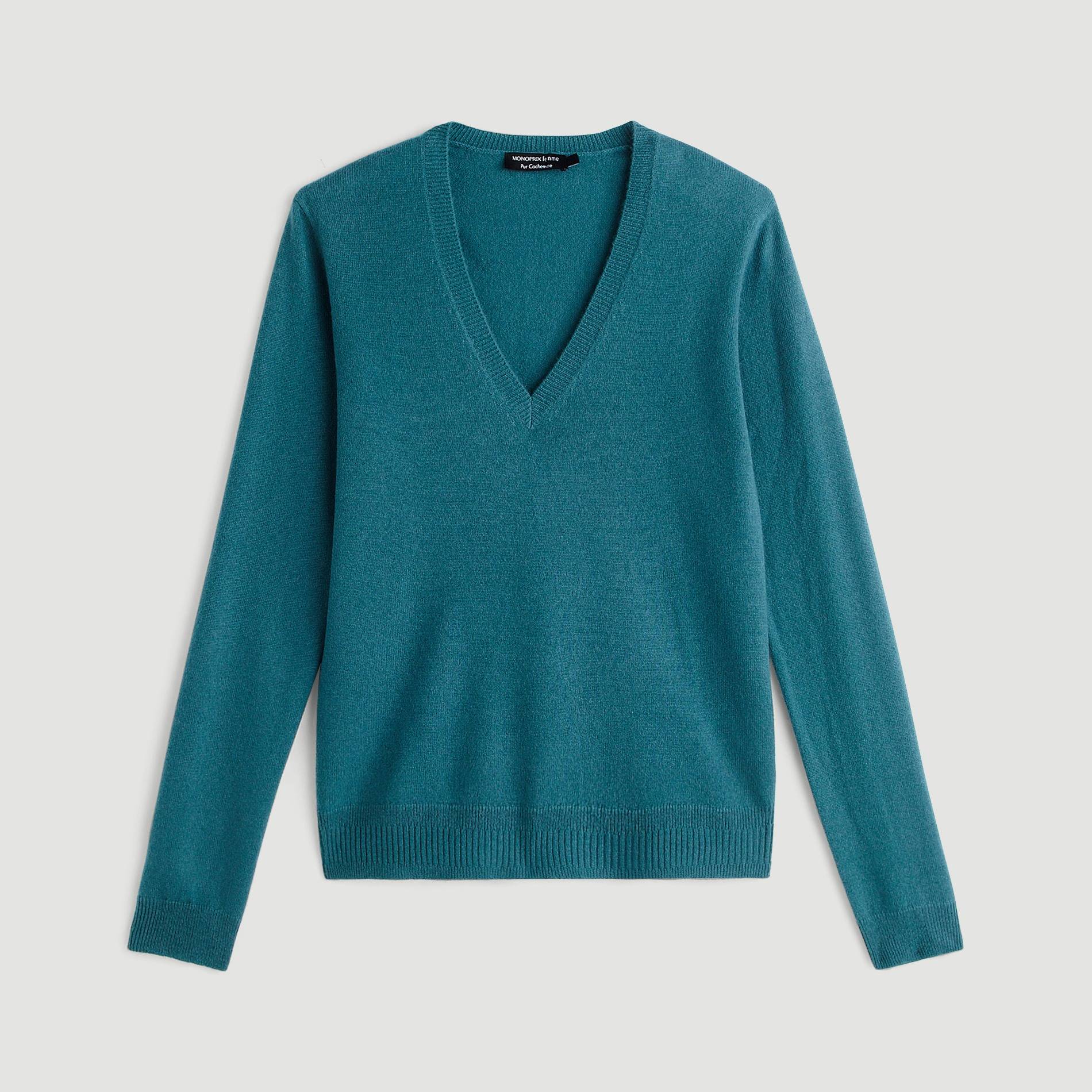 Pull en cachemire manches longues col V, Emeraude, large image number 2