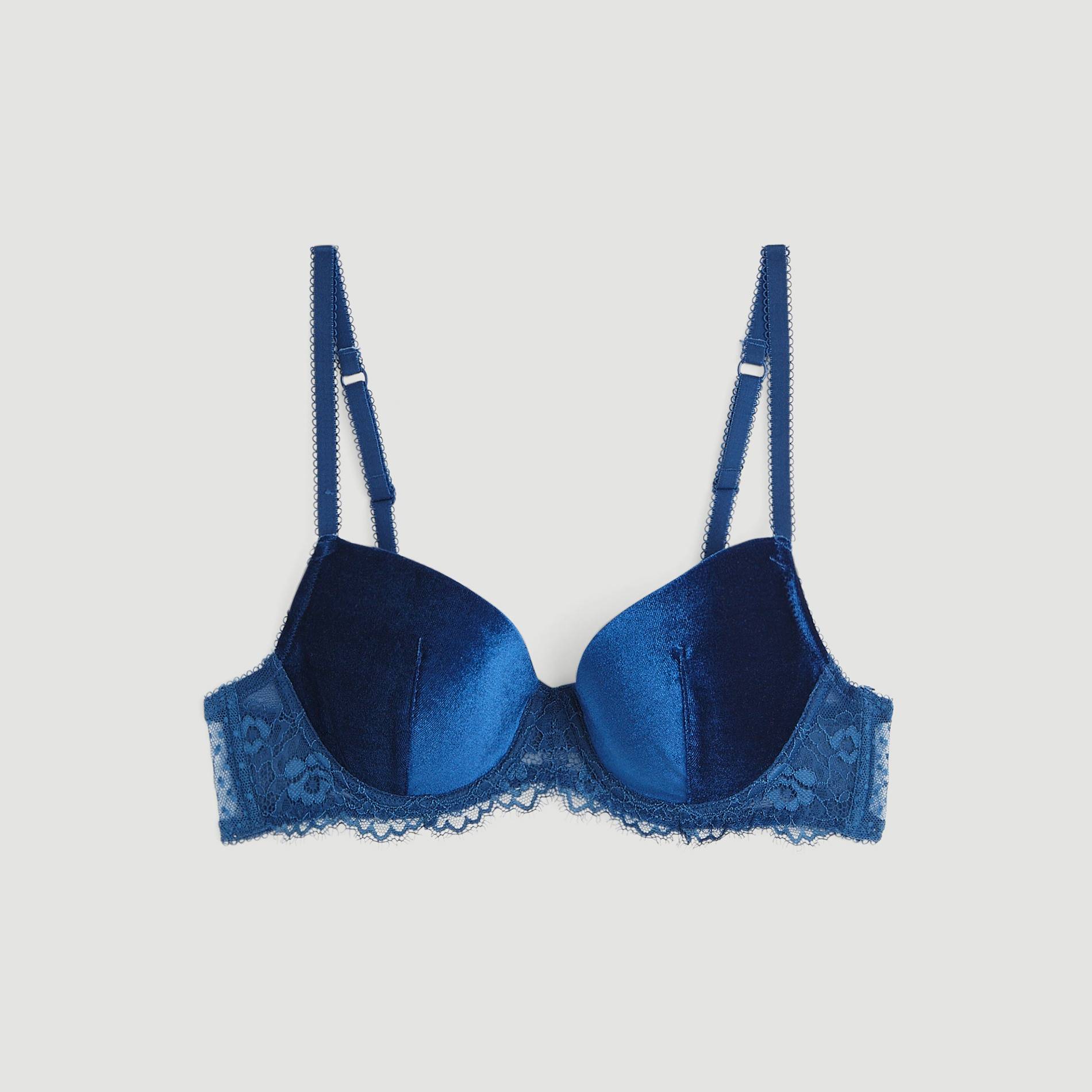 Soutien-gorge corbeille paddé en velours et dentelle, Indigo, large image number 2