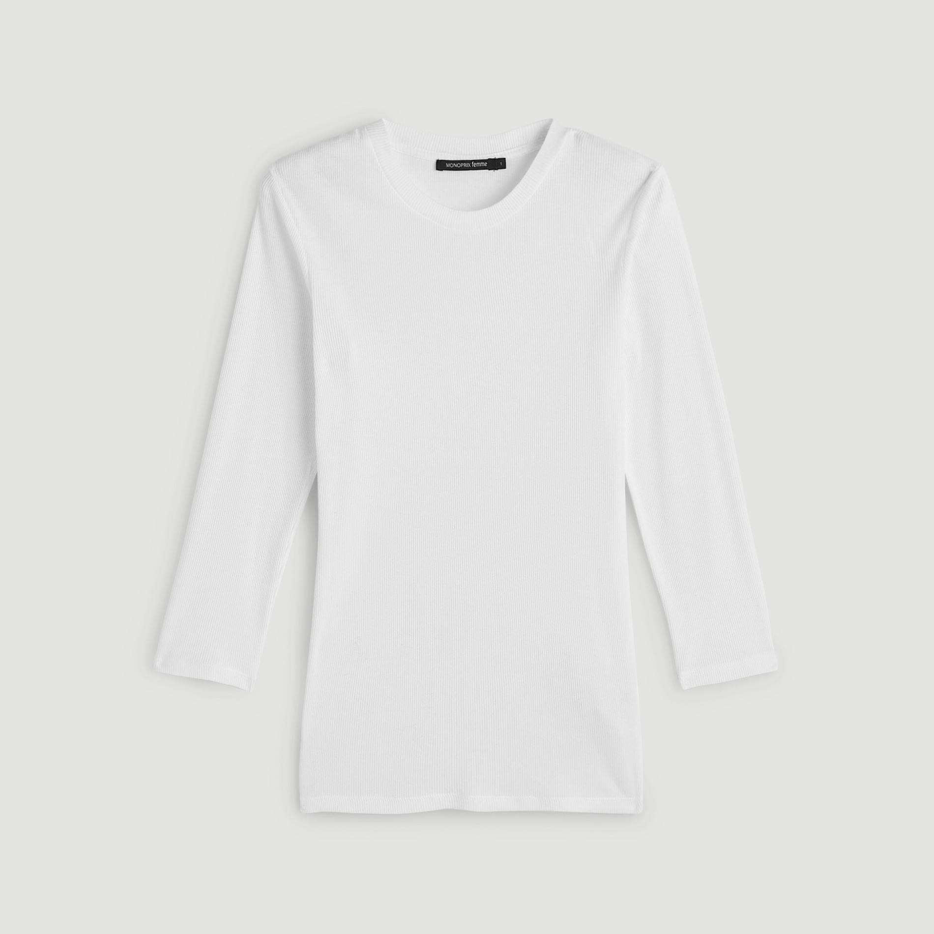 T-shirt en coton côtelé à manches coudes, Blanc, large image number 2