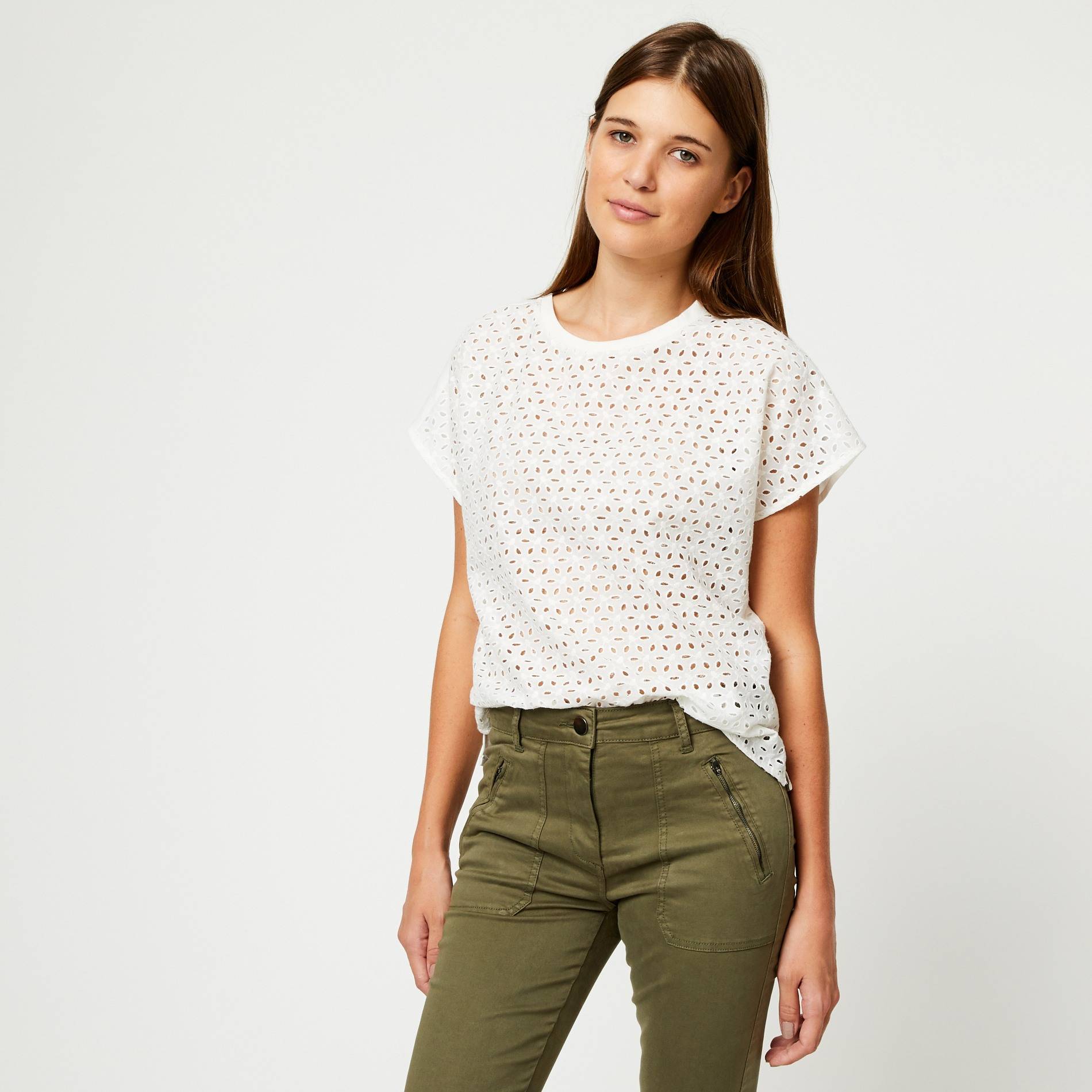 Blouse manches courtes broderie anglaise, Camel, large image number 0