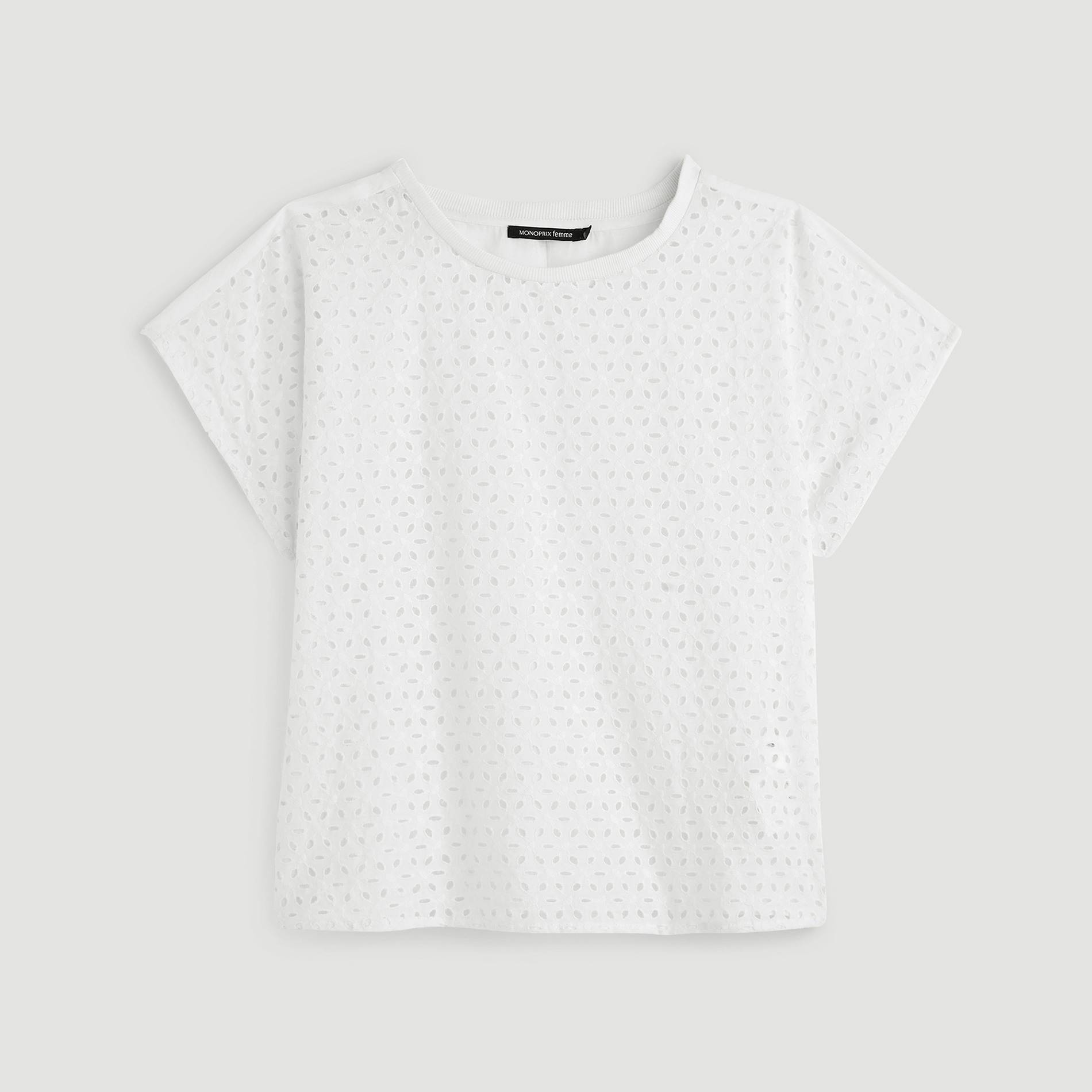 Blouse manches courtes broderie anglaise, Camel, large image number 2