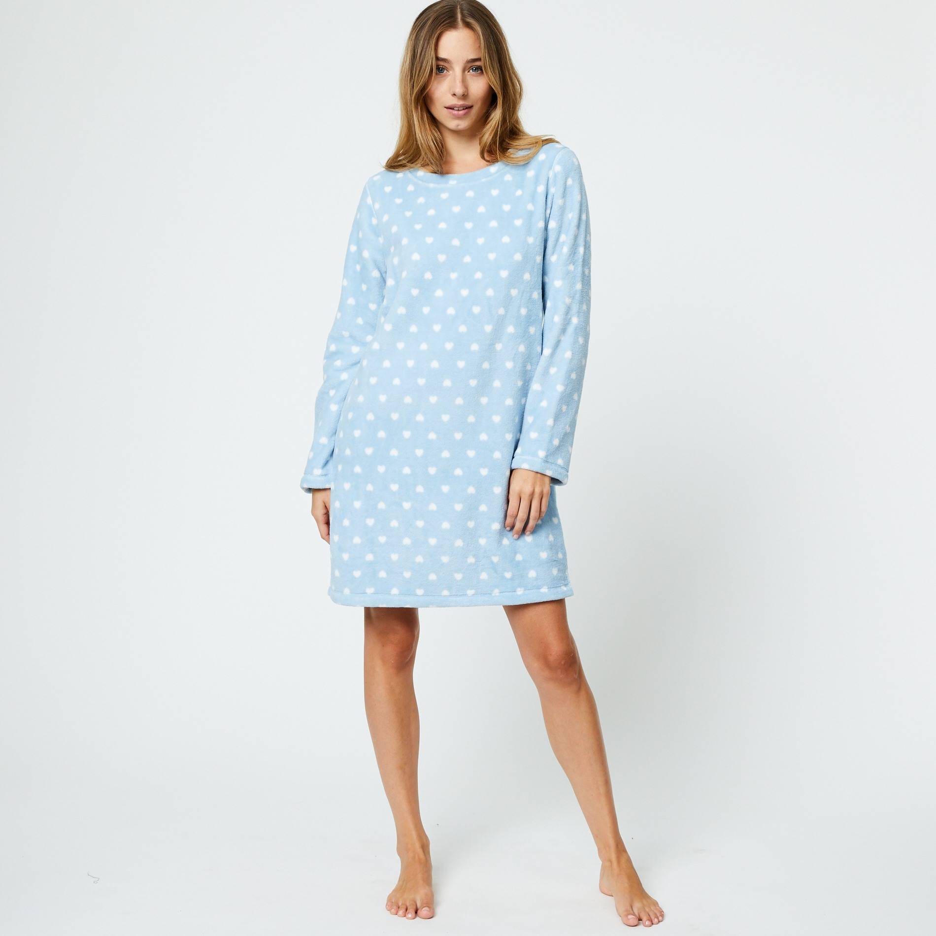 Chemise de nuit manches longues doudou imprimée coeurs, Bleu, large image number 0.0