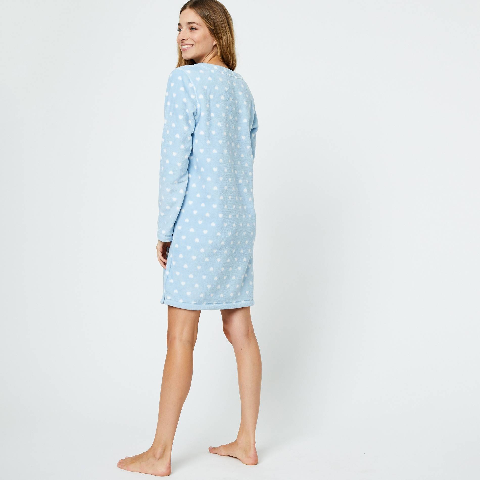 Chemise de nuit manches longues doudou imprimée coeurs, Bleu, large image number 1.0