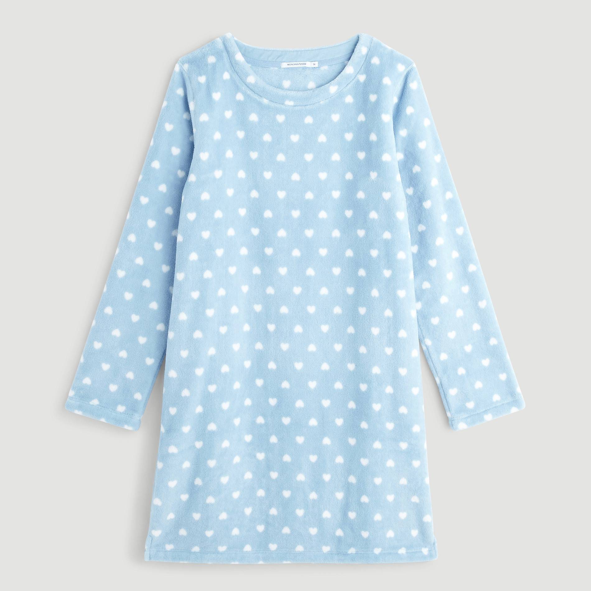 Chemise de nuit manches longues doudou imprimée coeurs, Bleu, large image number 2