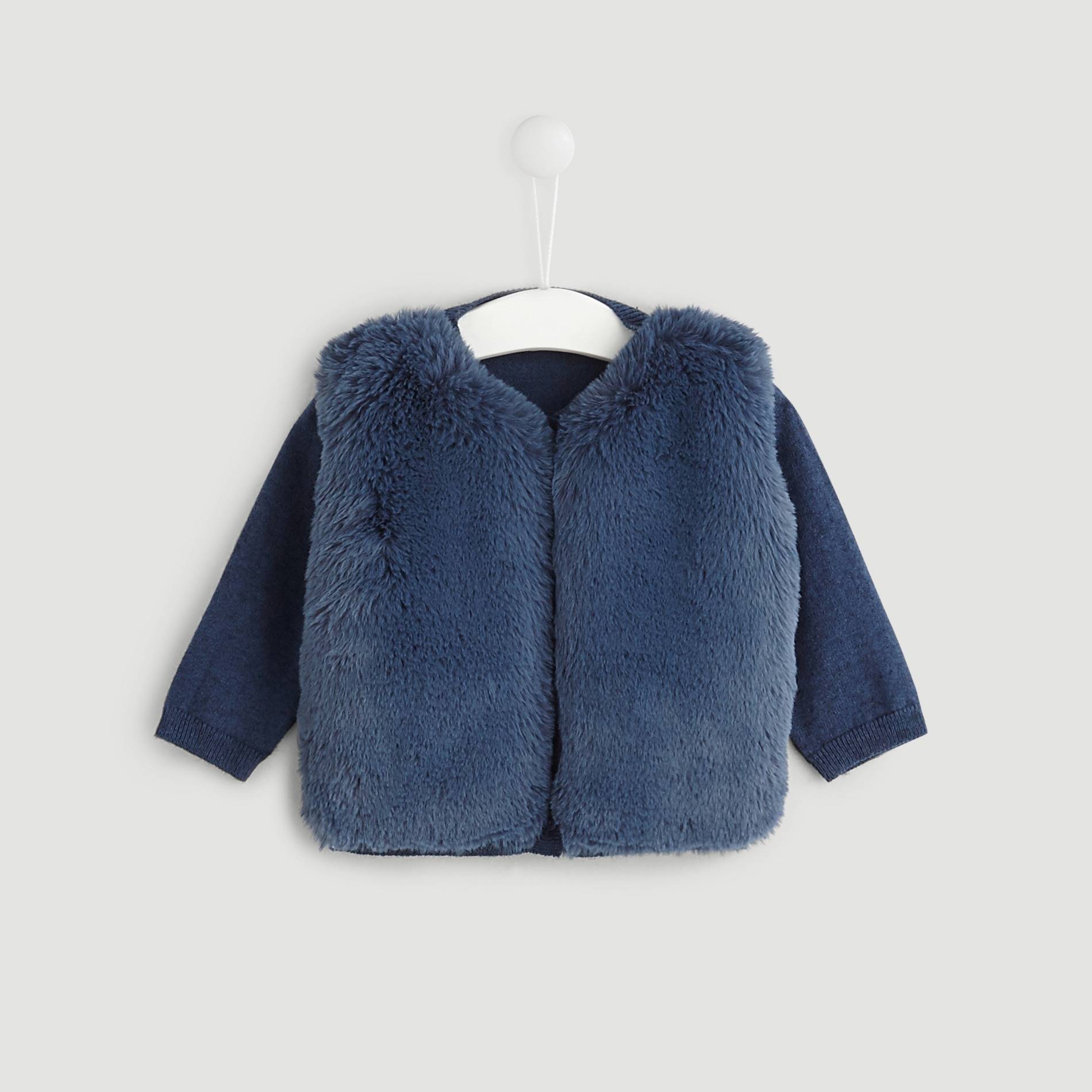 Cardigan bi-matière imitation fourrure, Indigo, large image number 0