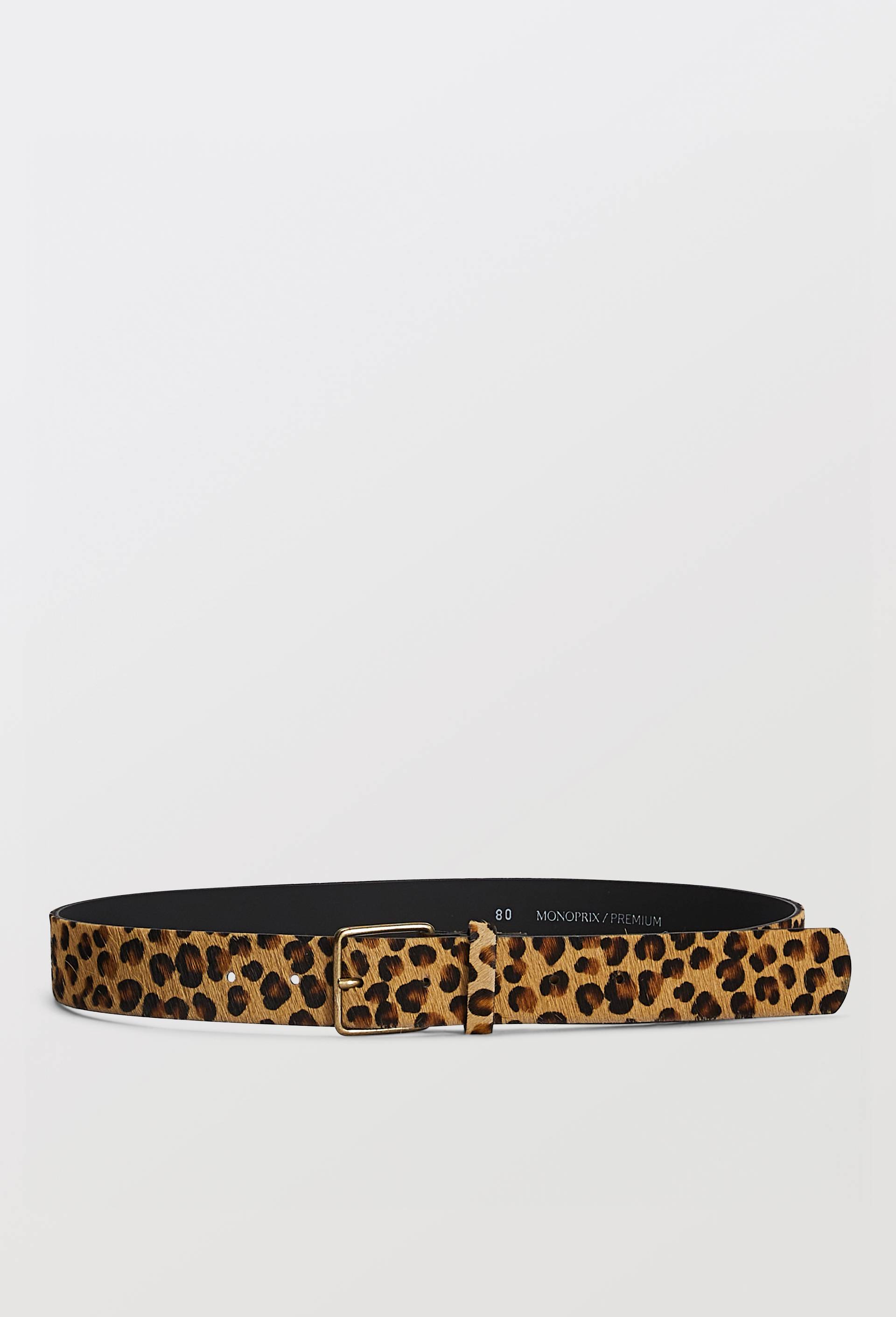 Ceinture imprim&eacute; l&eacute;opard 3,5 cm en cuir poils, Noir, large image number 0.0