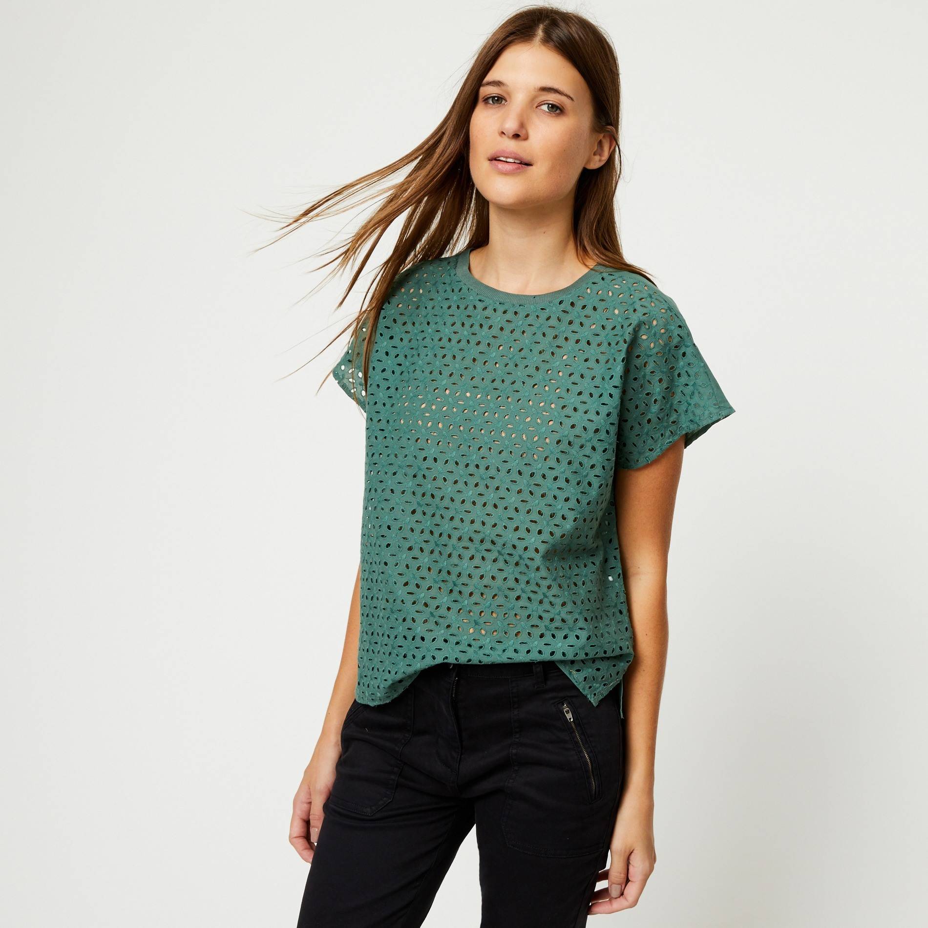Blouse manches courtes broderie anglaise, Emeraude, large image number 0