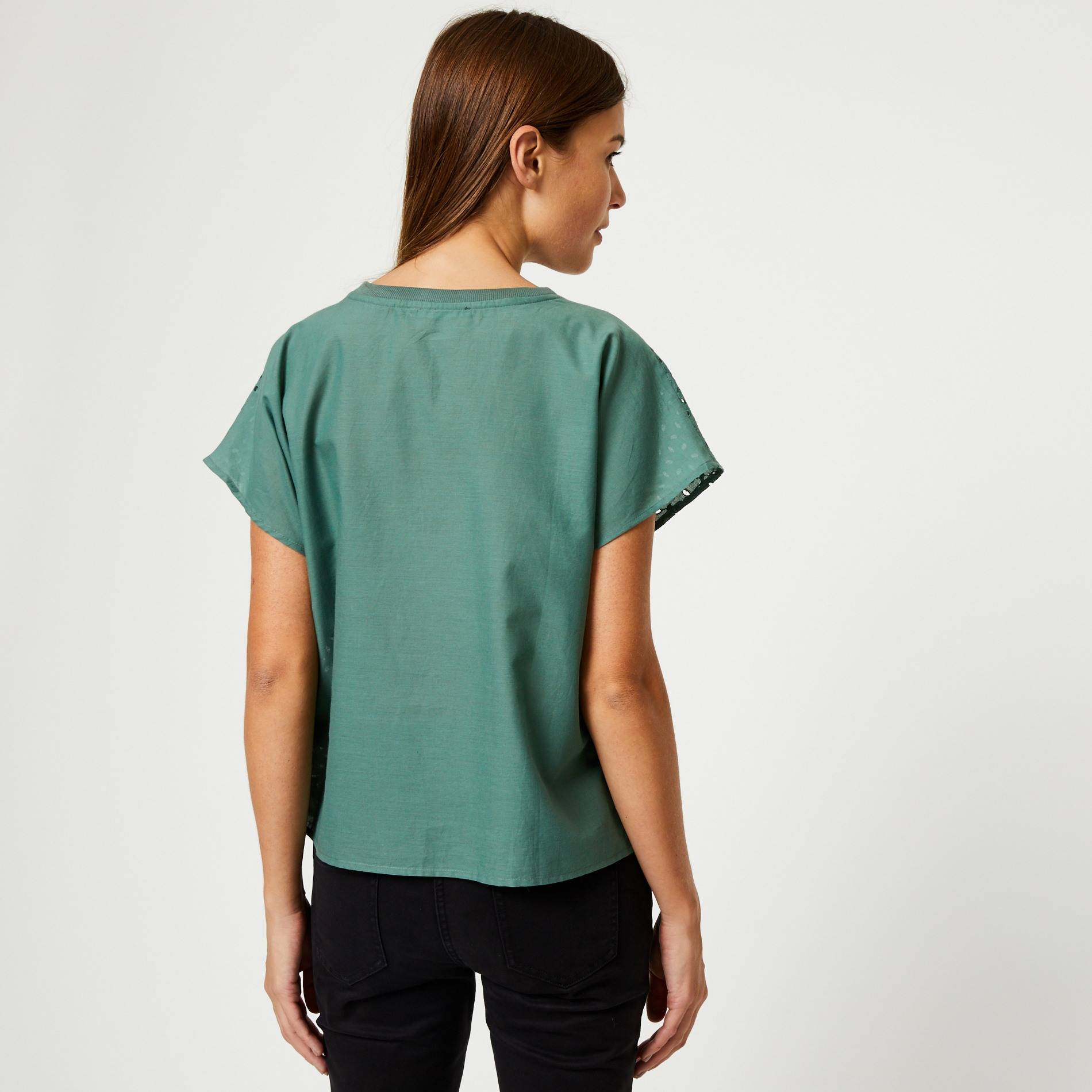 Blouse manches courtes broderie anglaise, Emeraude, large image number 1.0