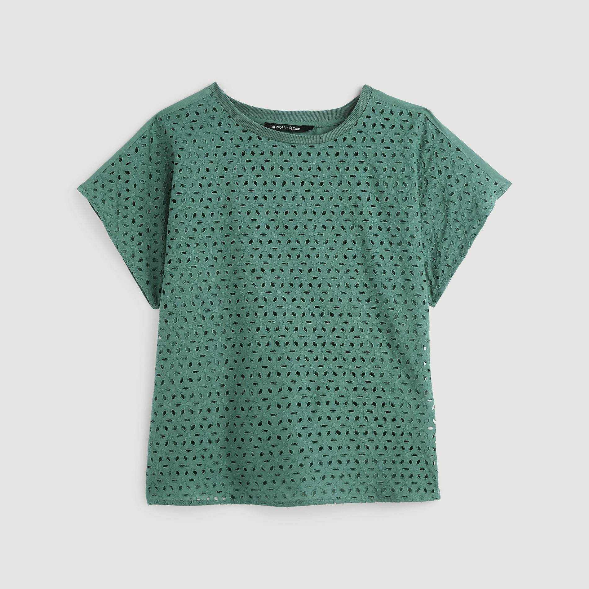 Blouse manches courtes broderie anglaise, Emeraude, large image number 2