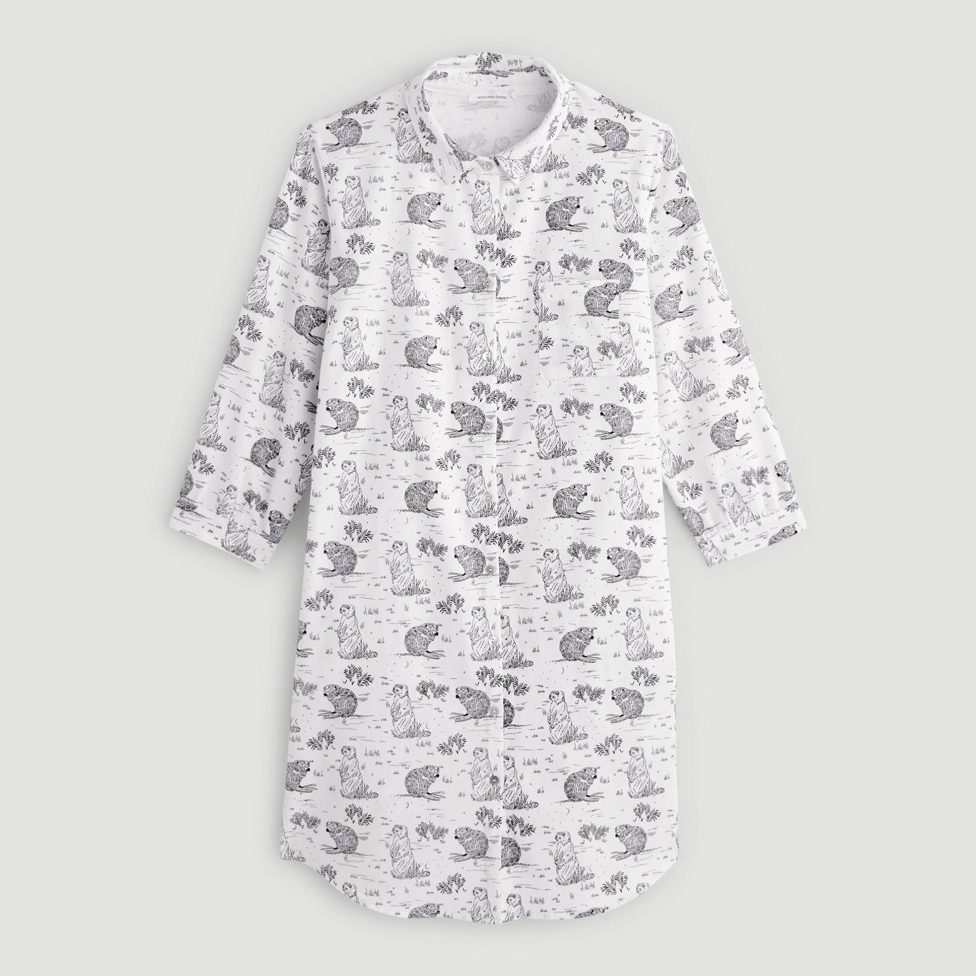 Chemise de nuit manches 3/4 imprimée marmottes, Ecru, large image number 2