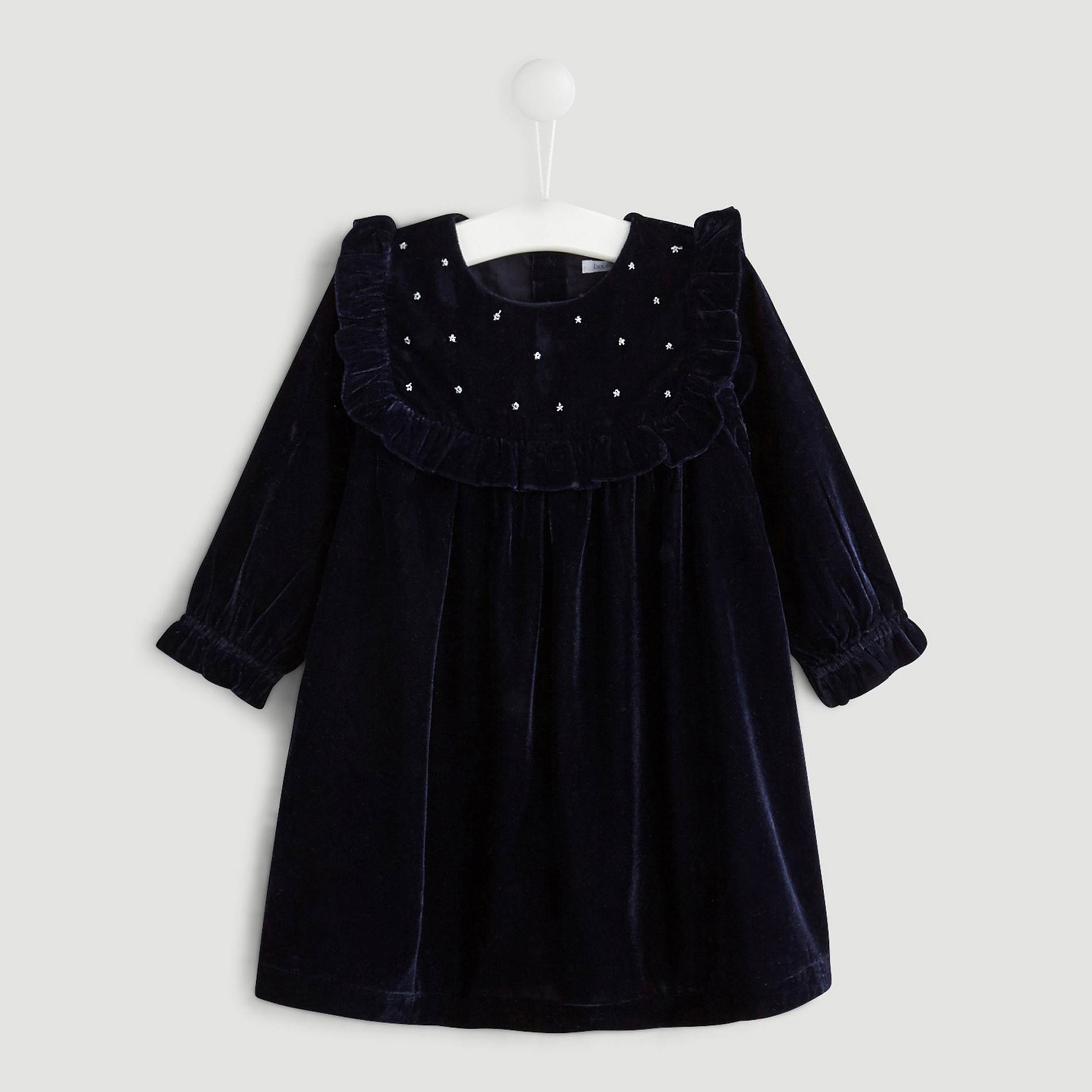 Robe en velours brodée, Bleu marine, large image number 1