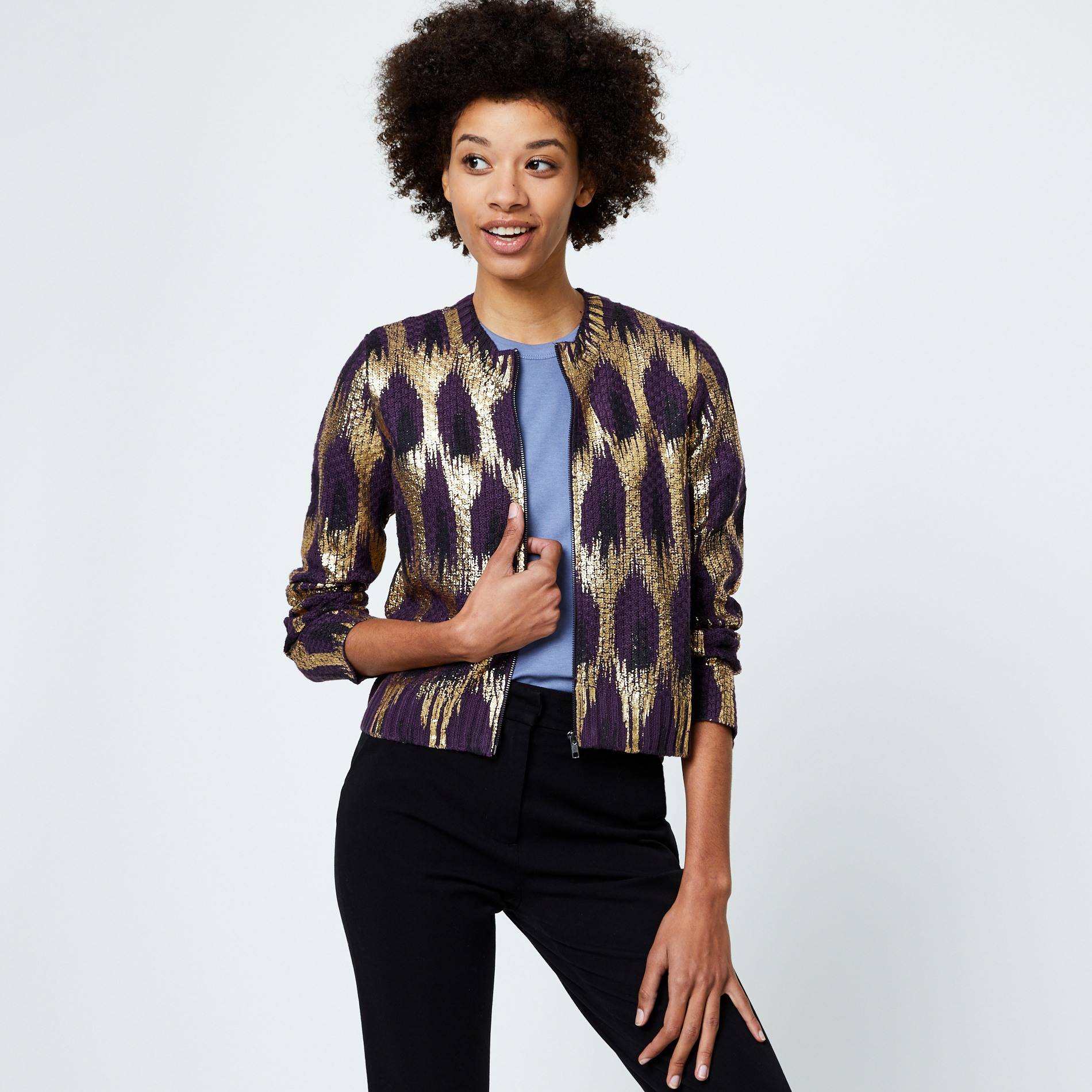 Veste courte en maille motifs enduits, Violet, large image number 0