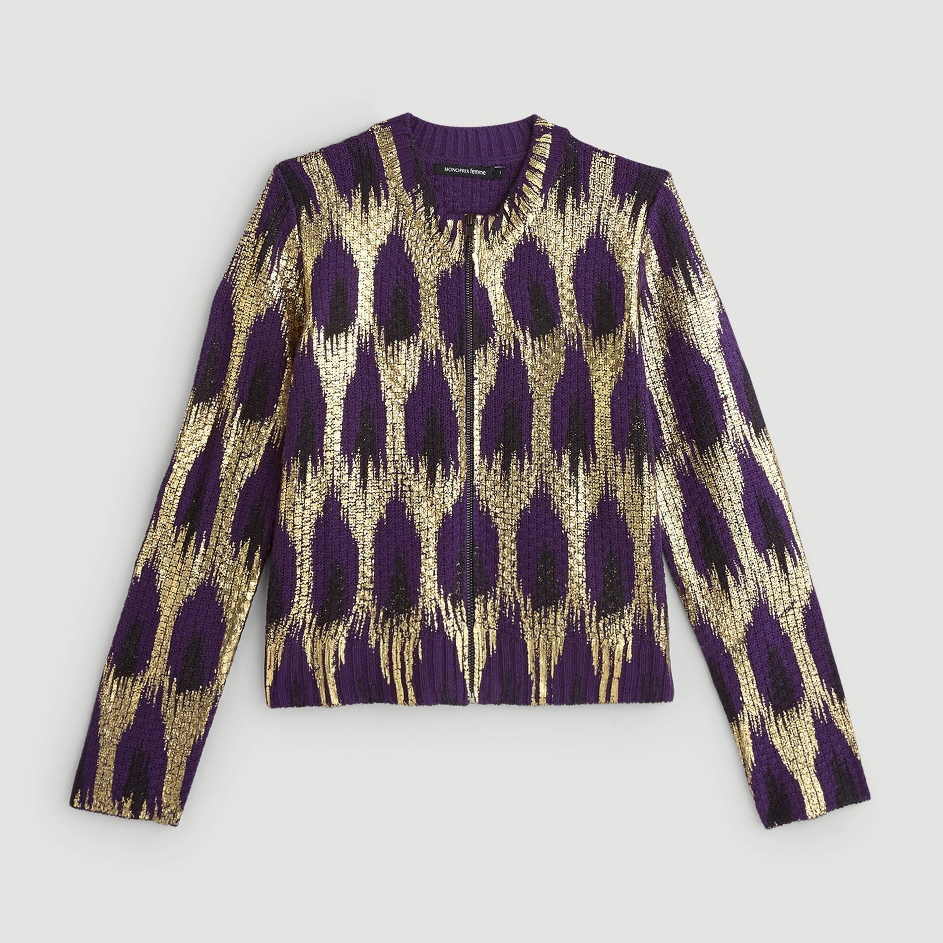 Veste courte en maille motifs enduits, Violet, large image number 2