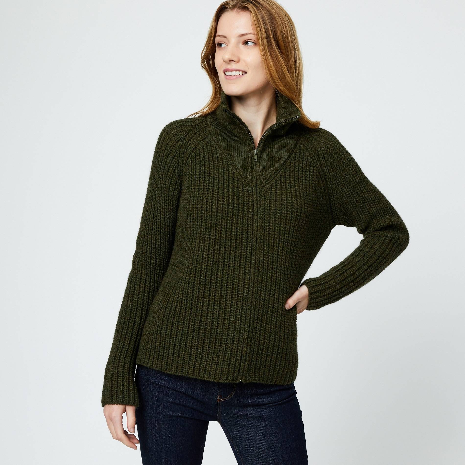 Cardigan zippé côtelé contenant de la laine, Kaki, large image number 0