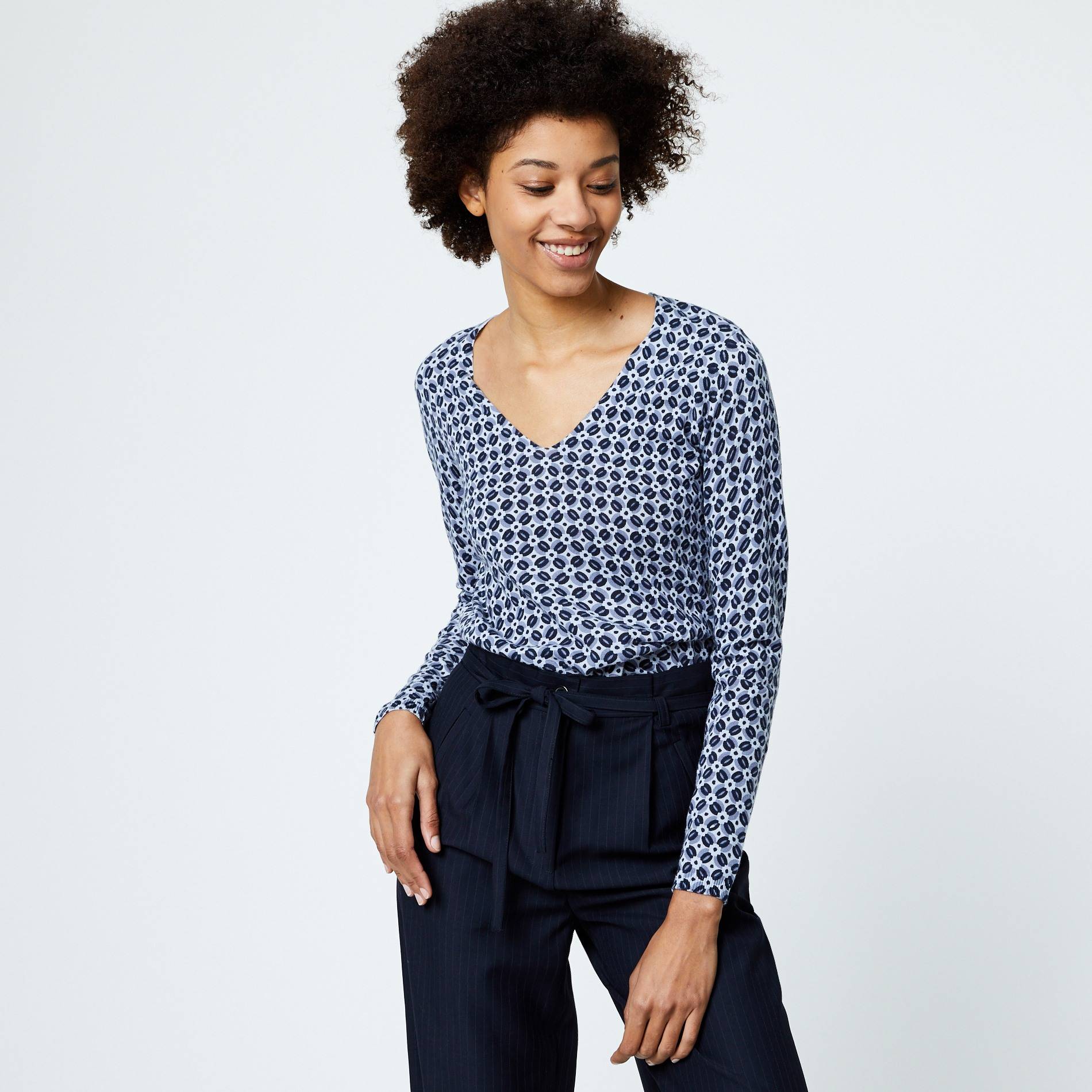 Pull en coton imprimé, Indigo, large image number 0