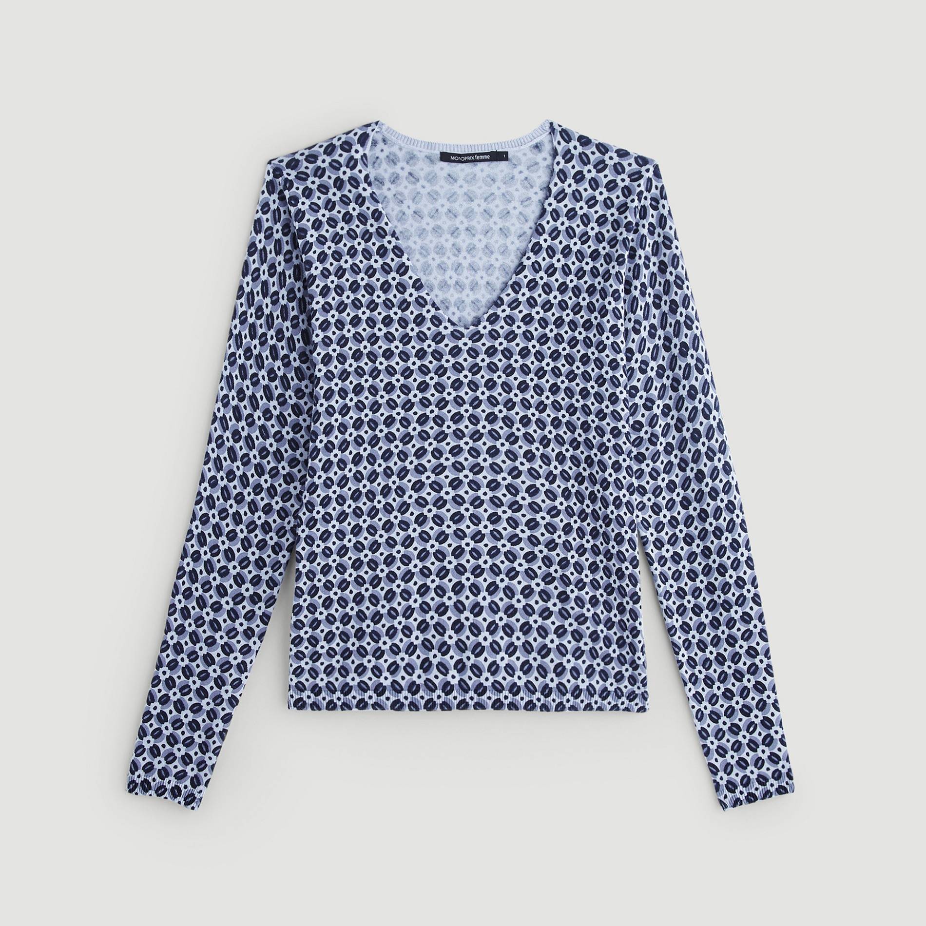 Pull en coton imprimé, Indigo, large image number 2.0