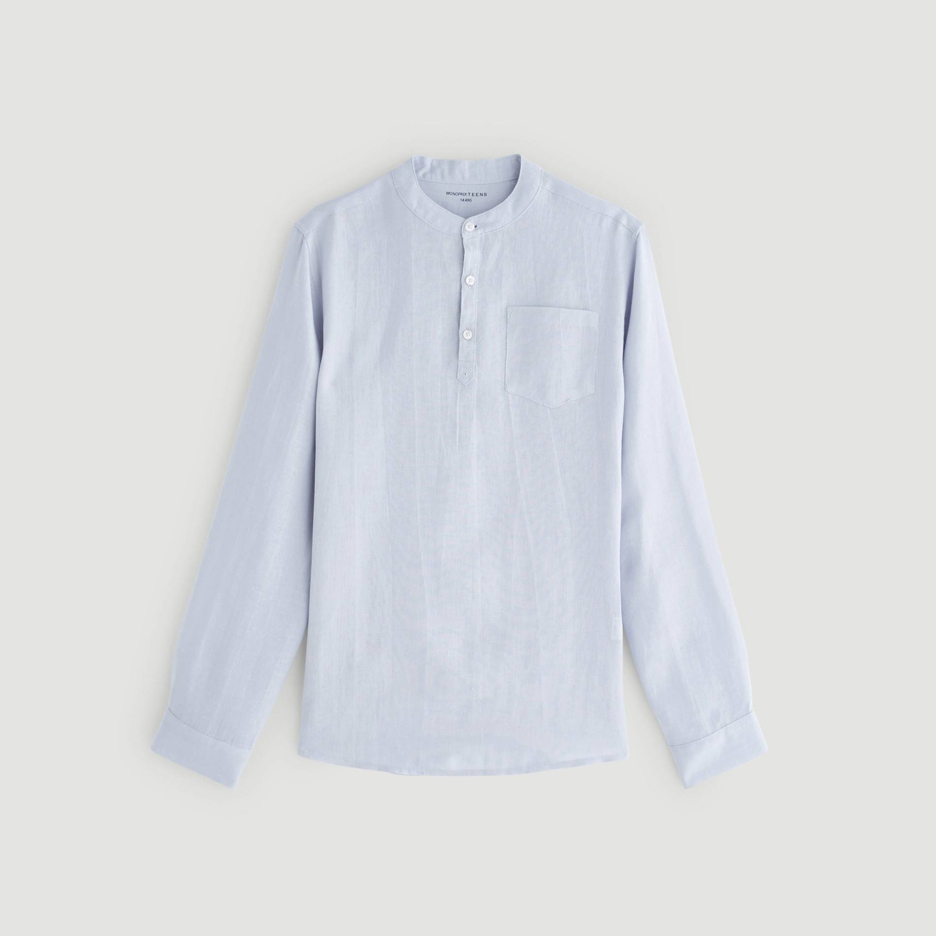 Chemise manches longues en lin col mao, Indigo, large image number 0