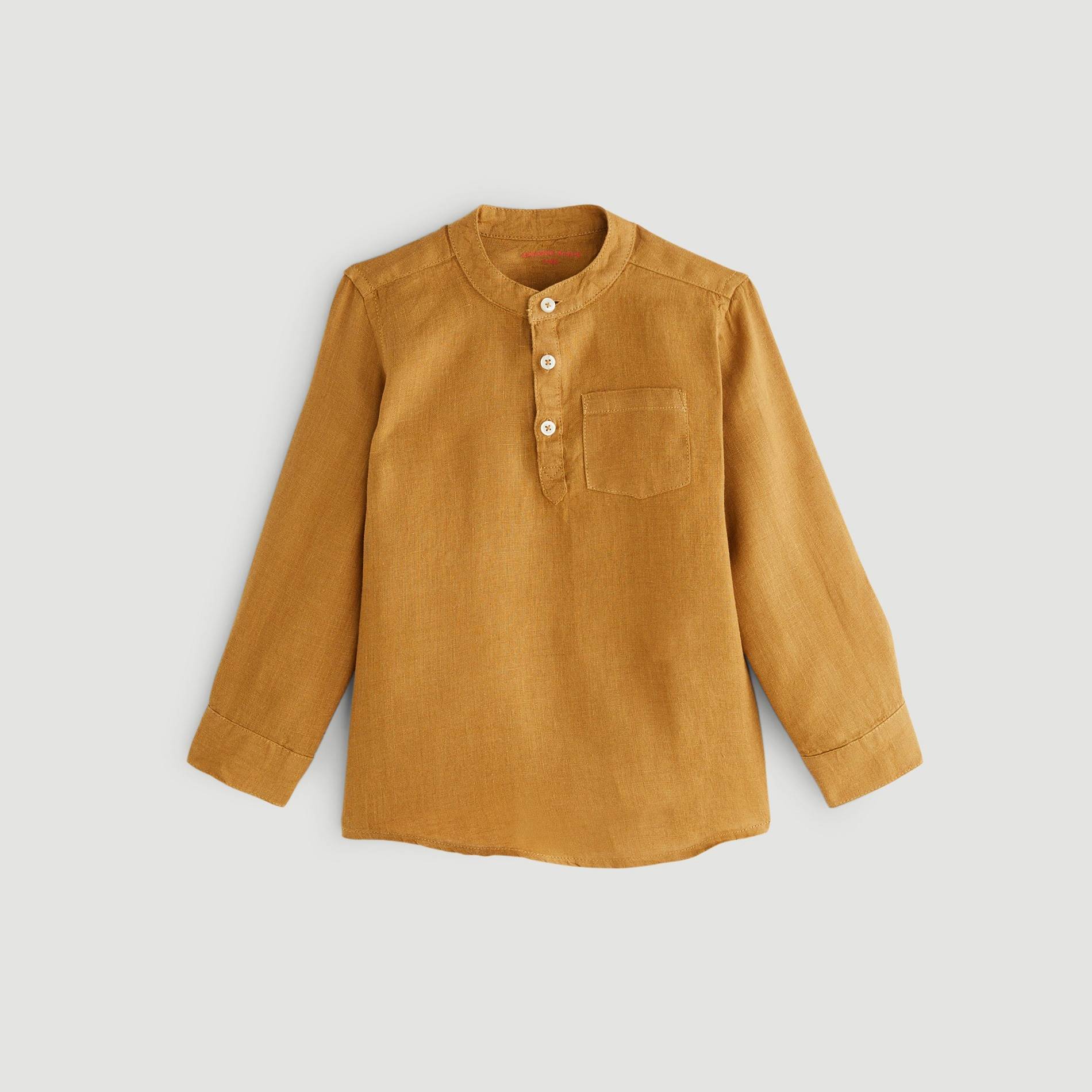 Chemise manches longues en lin col mao, Chocolat, large image number 0