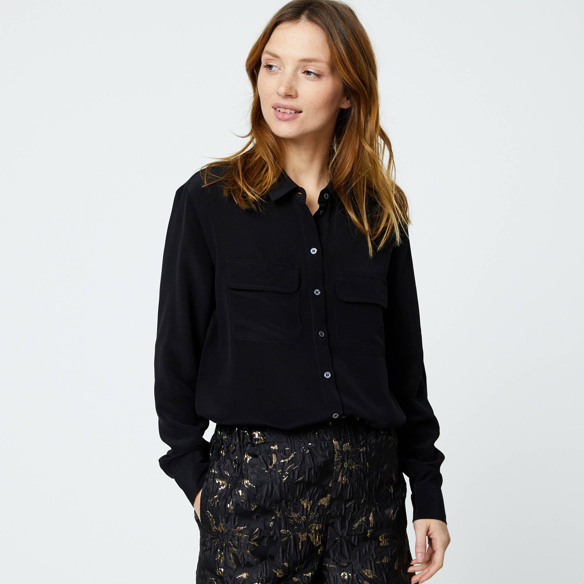 Chemise manches longues en soie, Noir, large image number 0.0