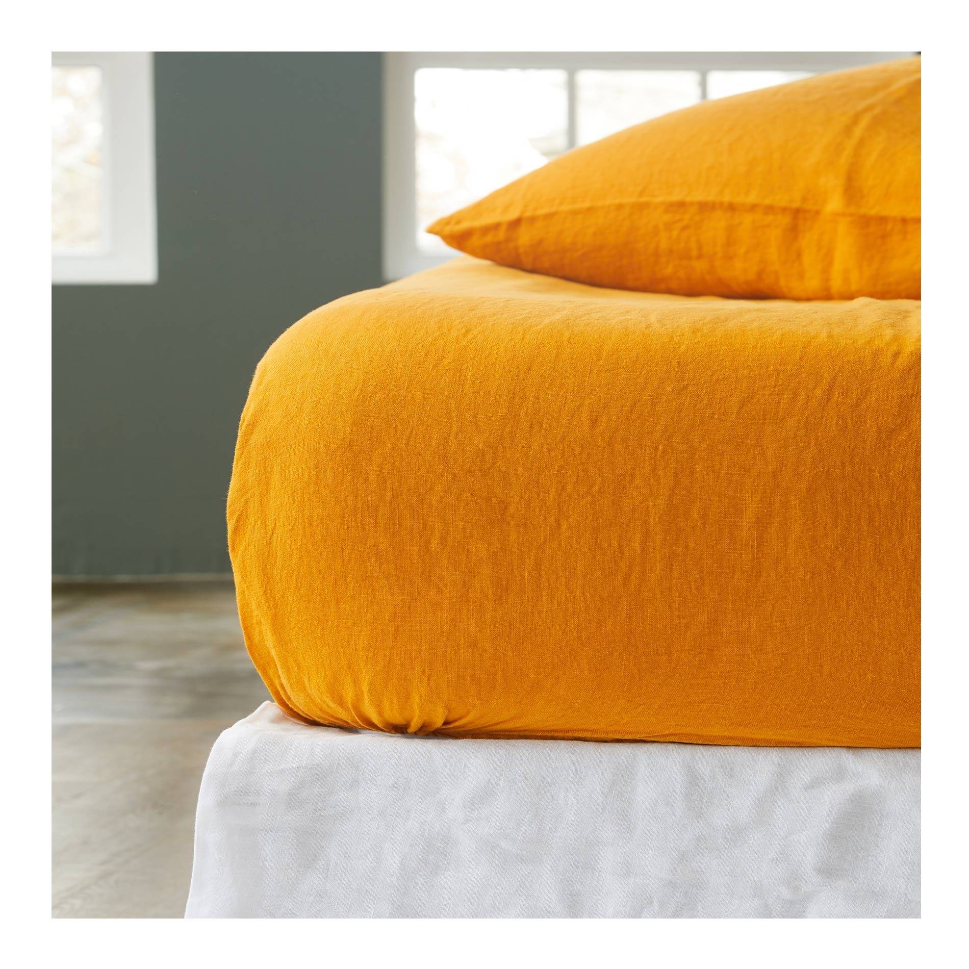 Drap housse, 140x190cm, blanc, 100% pur lin lavé, Or, large image number 0