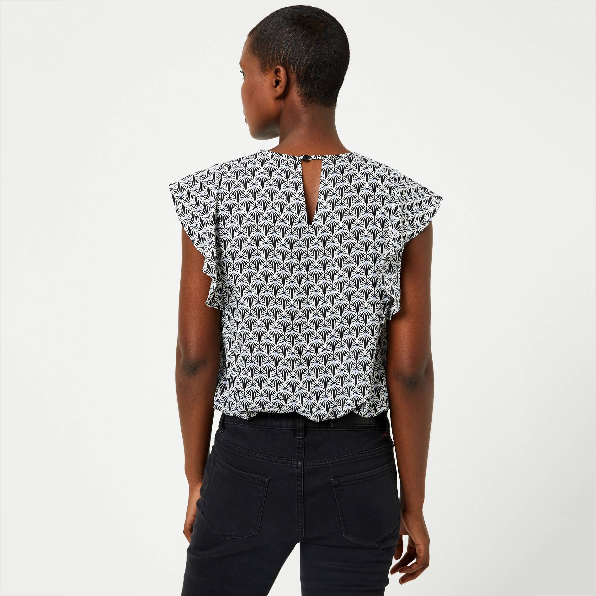 Blouse  imprimée sans manches volants, Noir, large image number 1