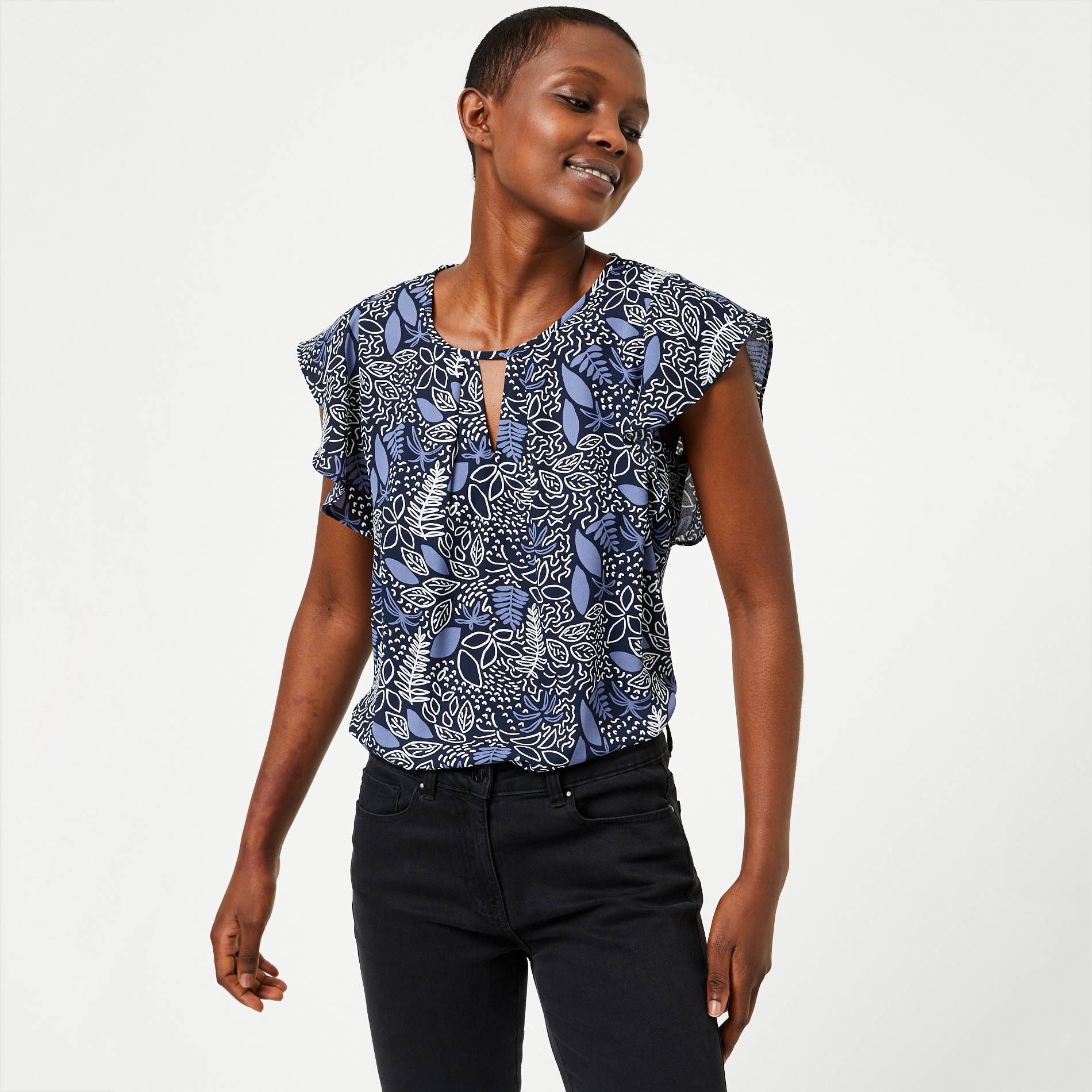 Blouse  imprimée sans manches volants, Bleu marine, large image number 0.0