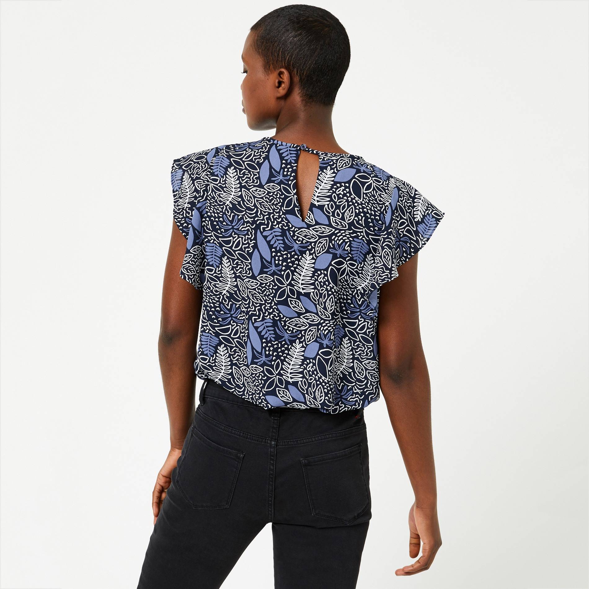 Blouse  imprimée sans manches volants, Bleu marine, large image number 1