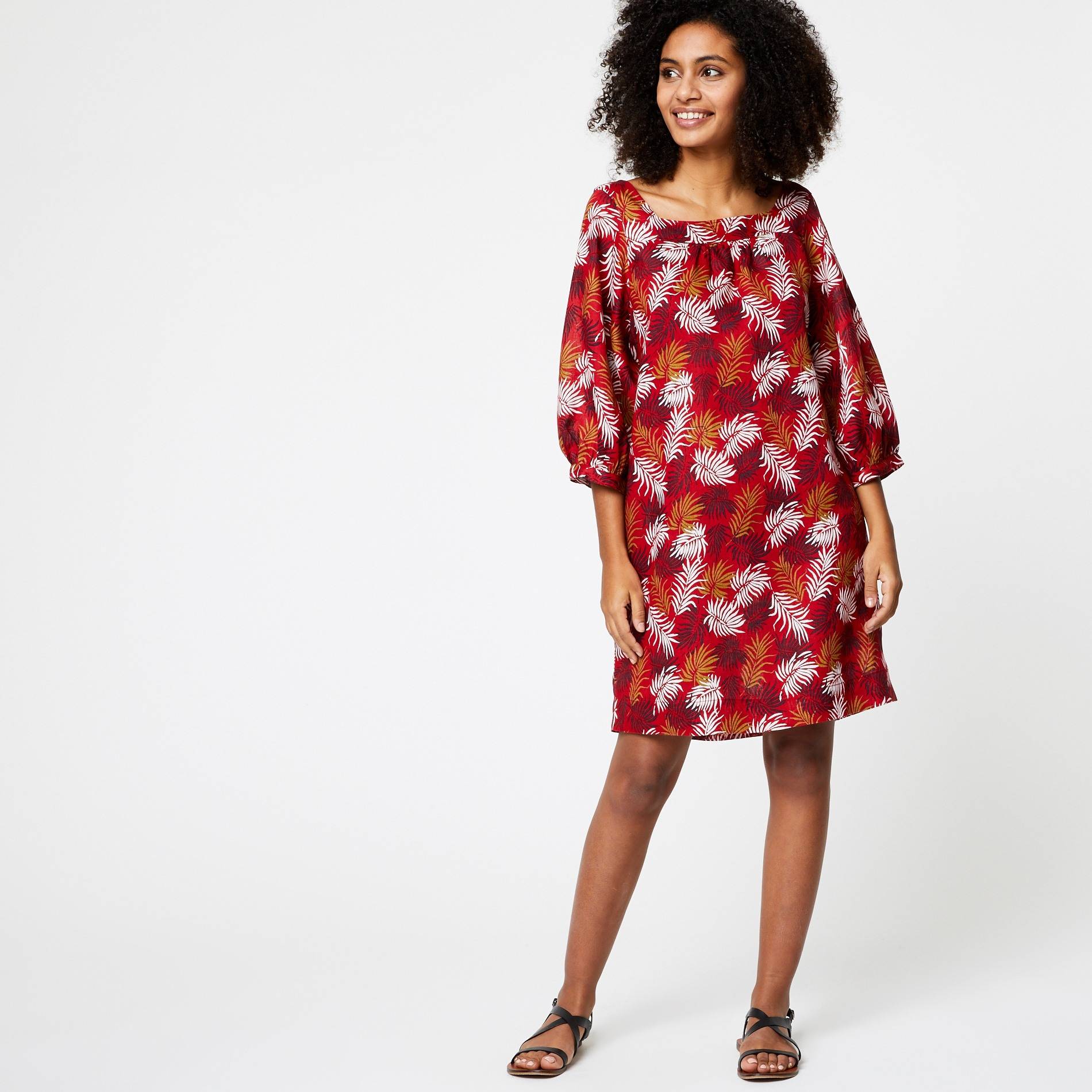 Robe en lin imprimée manches 3/4, Bordeaux, large image number 0