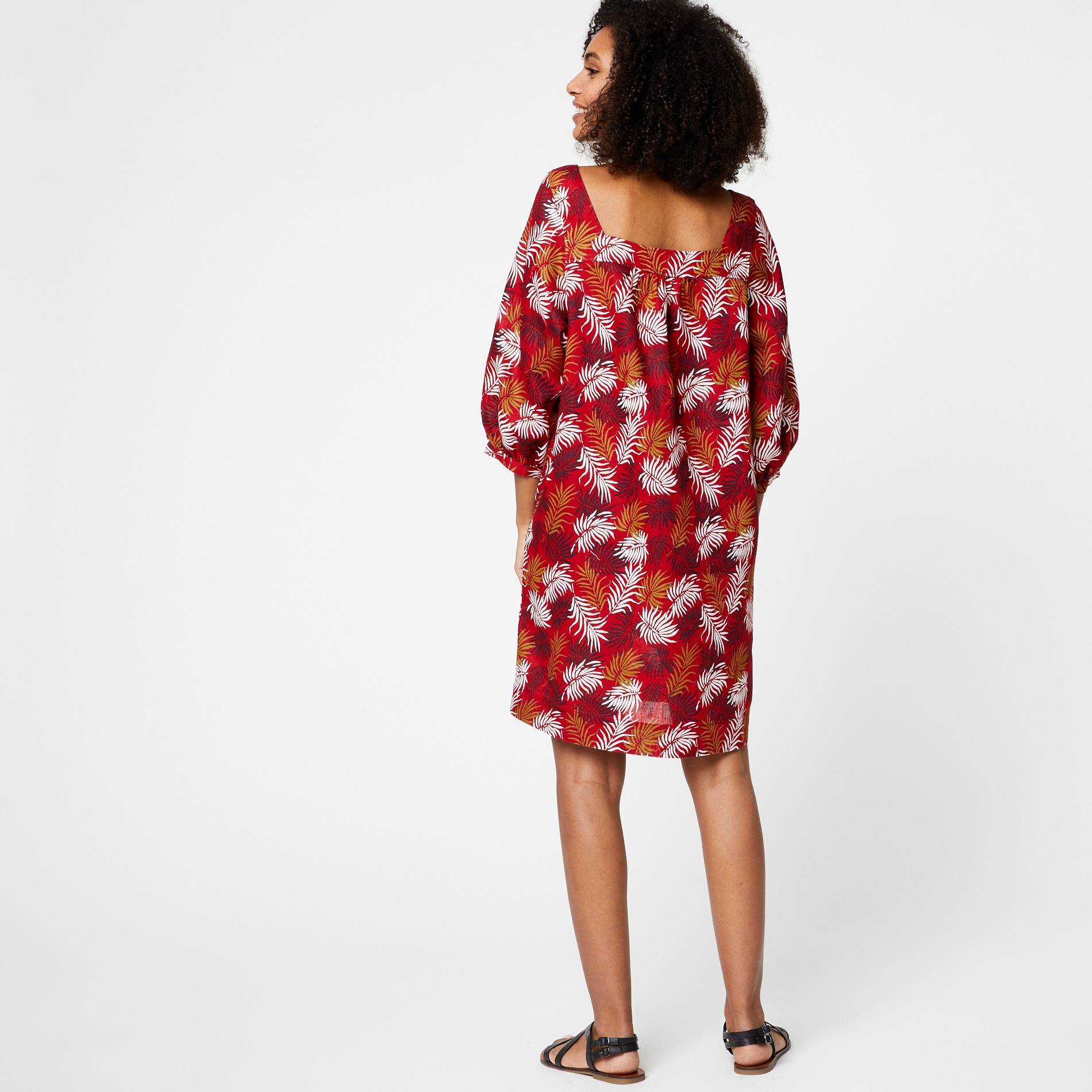 Robe en lin imprimée manches 3/4, Bordeaux, large image number 1