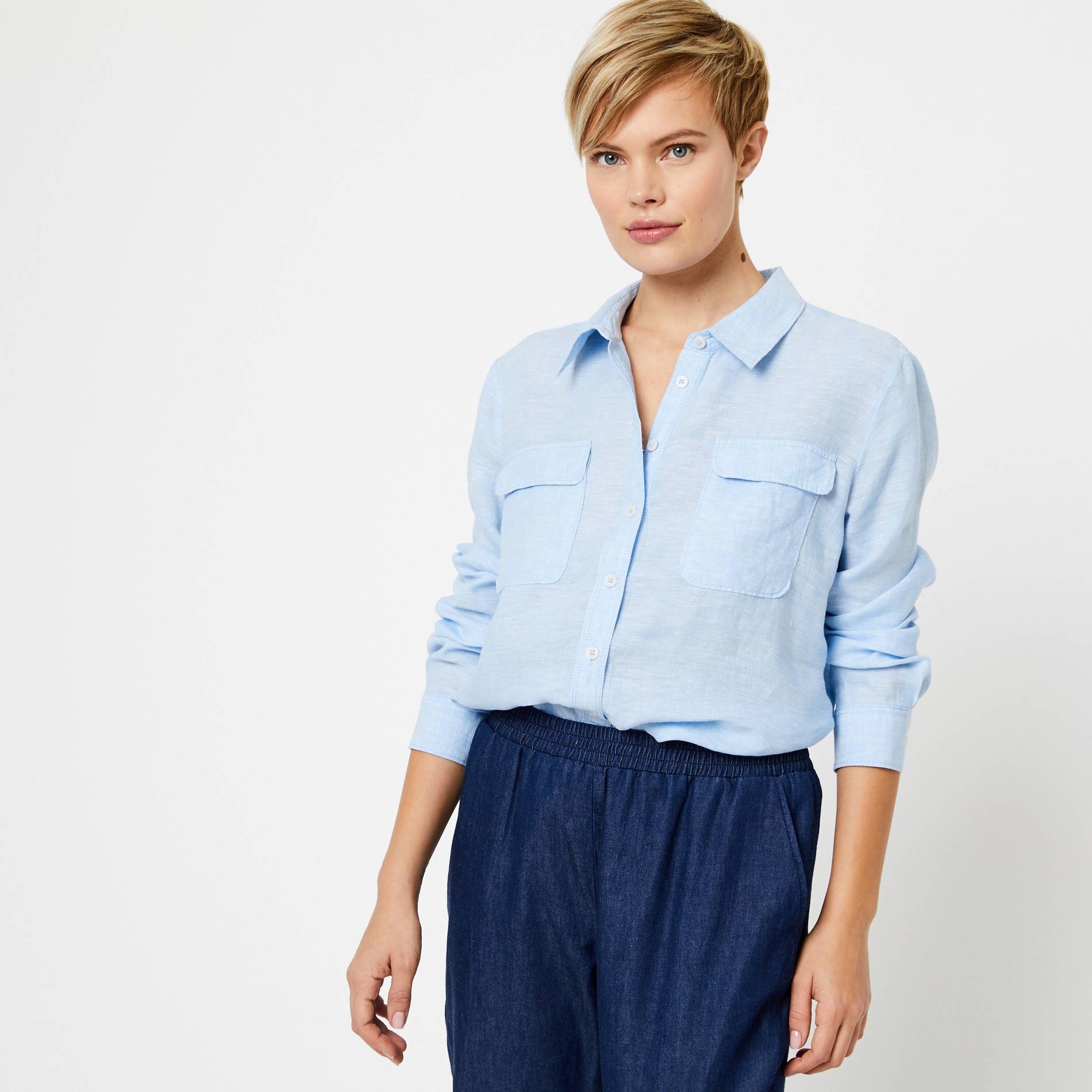 Chemise manches longues en lin avec poches, Indigo, large image number 0