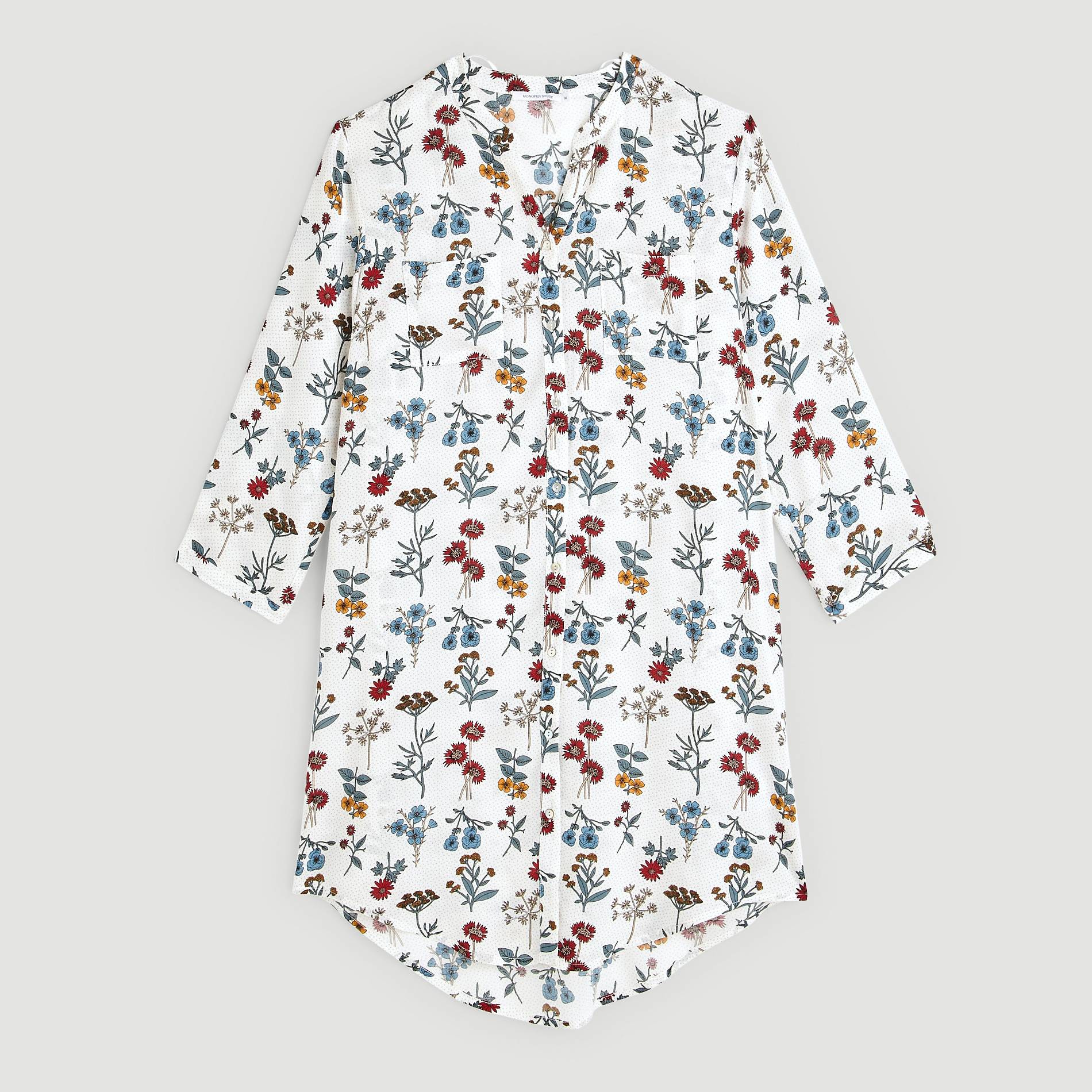 Chemise de nuit manches 3/4 imprimée fleurs, Blanc, large image number 2
