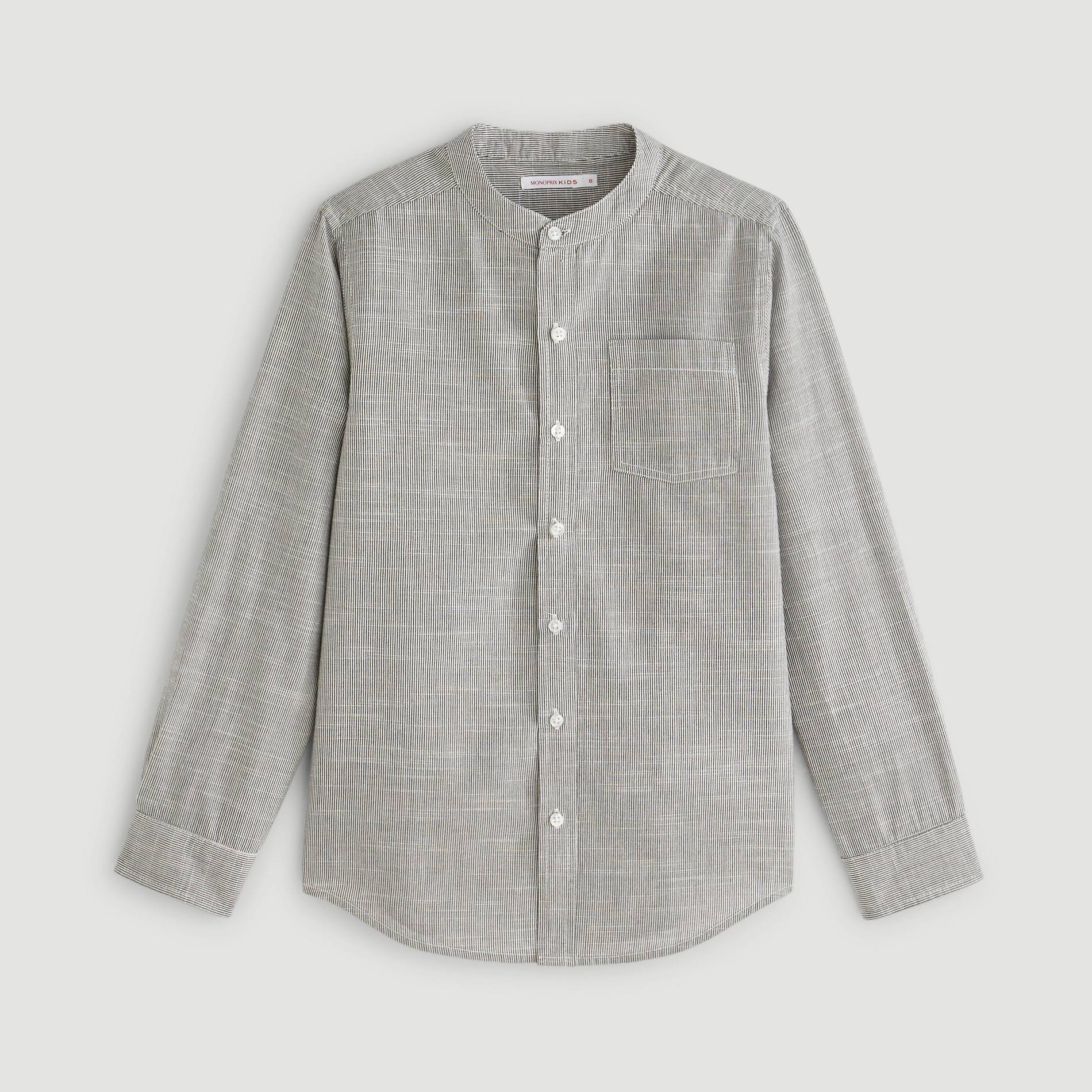 Chemise rayée col mao cérémonie, Ecru, large image number 0