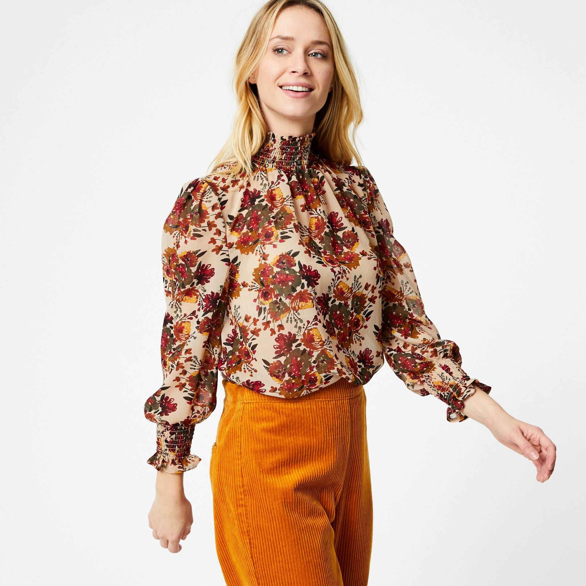 Blouse manches longues imprimée fleur, Camel, large image number 0