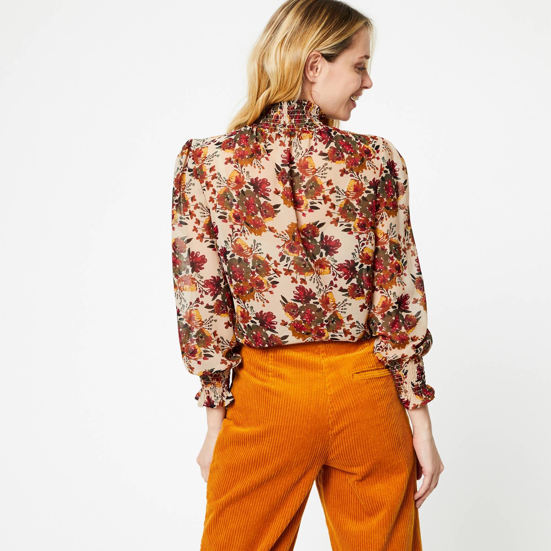 Blouse manches longues imprimée fleur, Camel, large image number 1