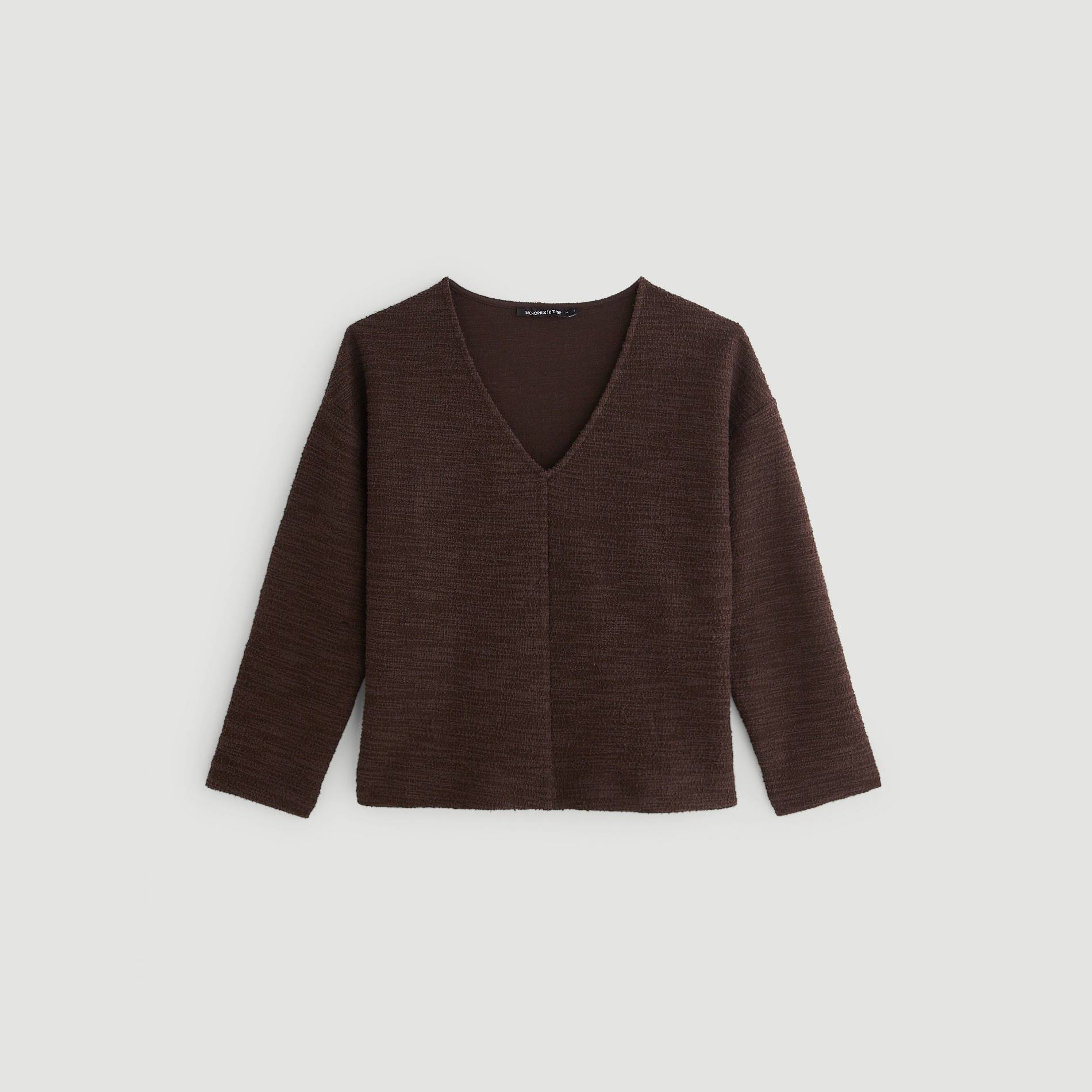 T-shirt texture manches longues et col V, Caramel, large image number 2.0
