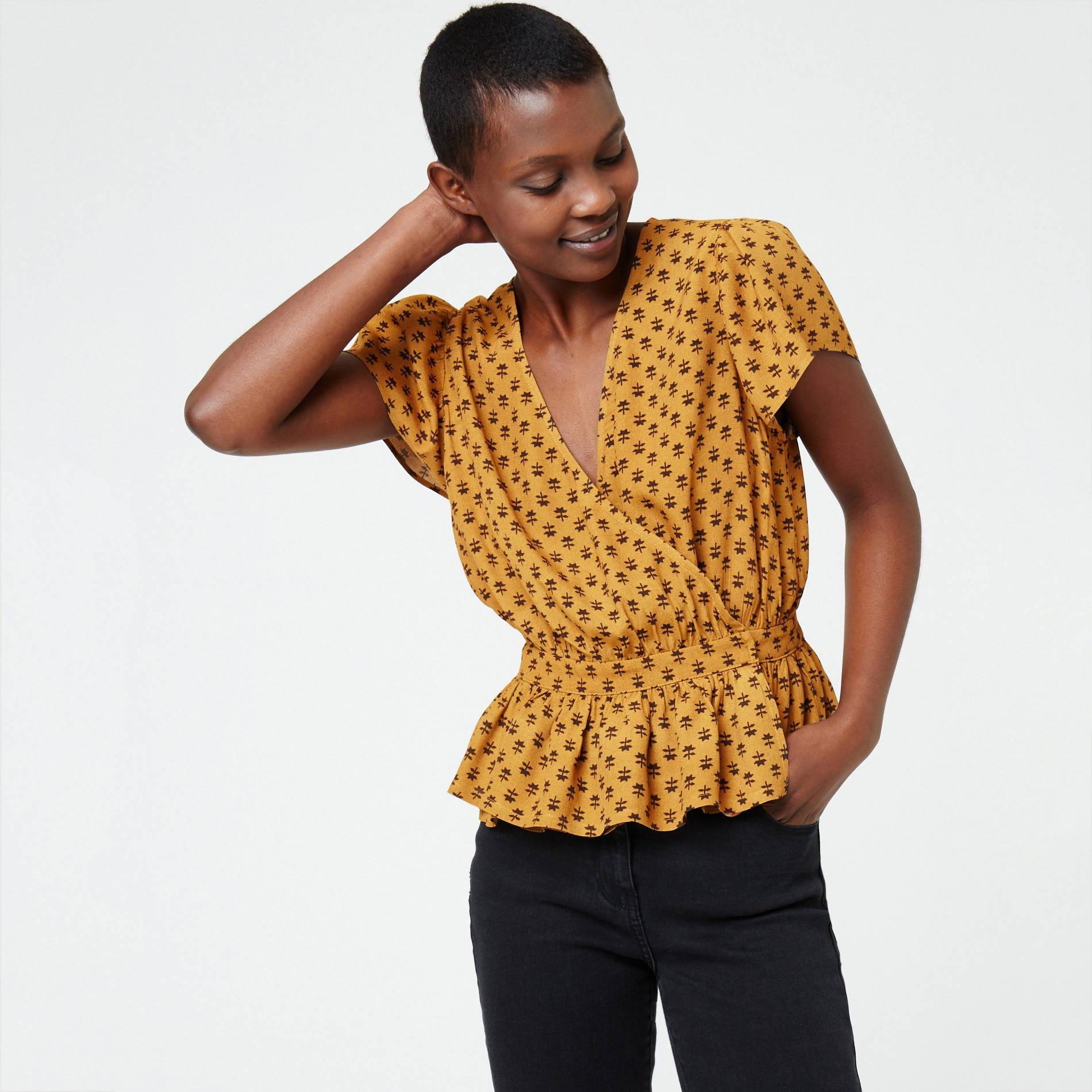 Blouse cache-coeur manches courtes imprimée, Chocolat, large image number 0.0