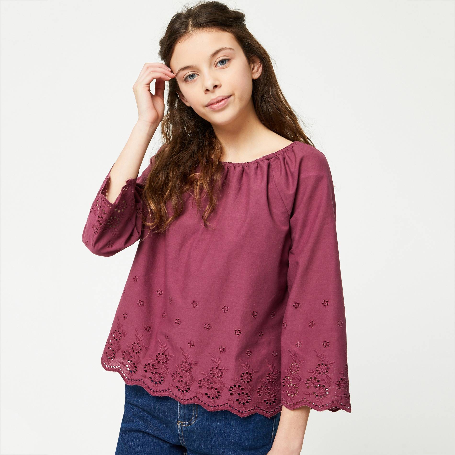 Blouse manches 3/4 brodée, Prune, large image number 0.0