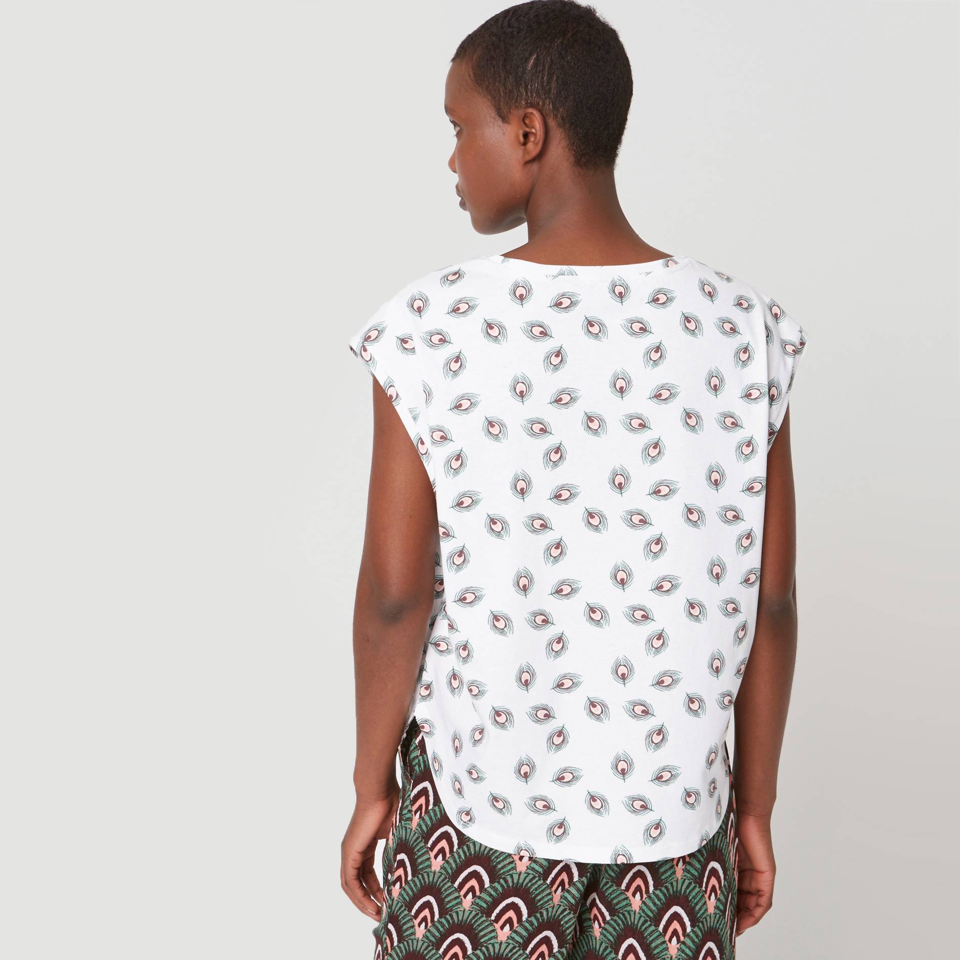 T-shirt imprimé plumes, Blanc, large image number 1.0