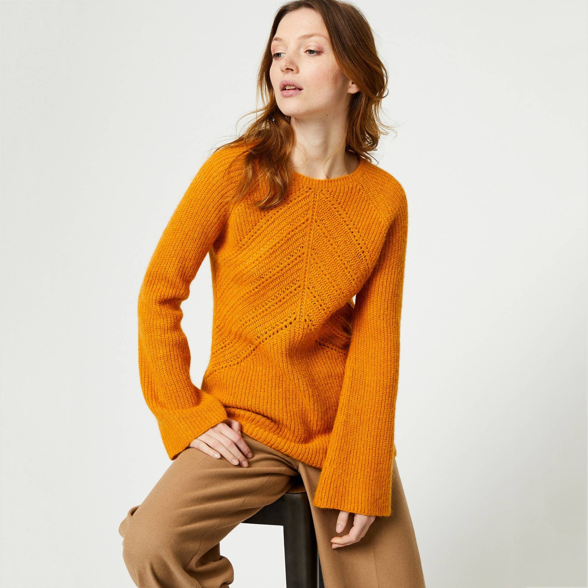 Pull italien en point fantaisie contenant de l'alpaga, Caramel, large image number 0.0