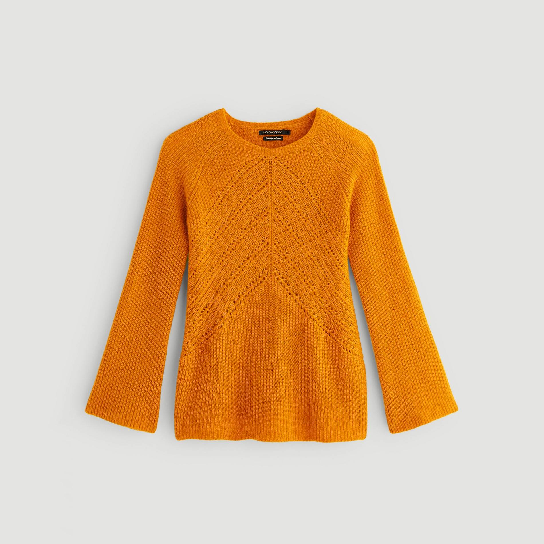 Pull italien en point fantaisie contenant de l'alpaga, Caramel, large image number 2.0