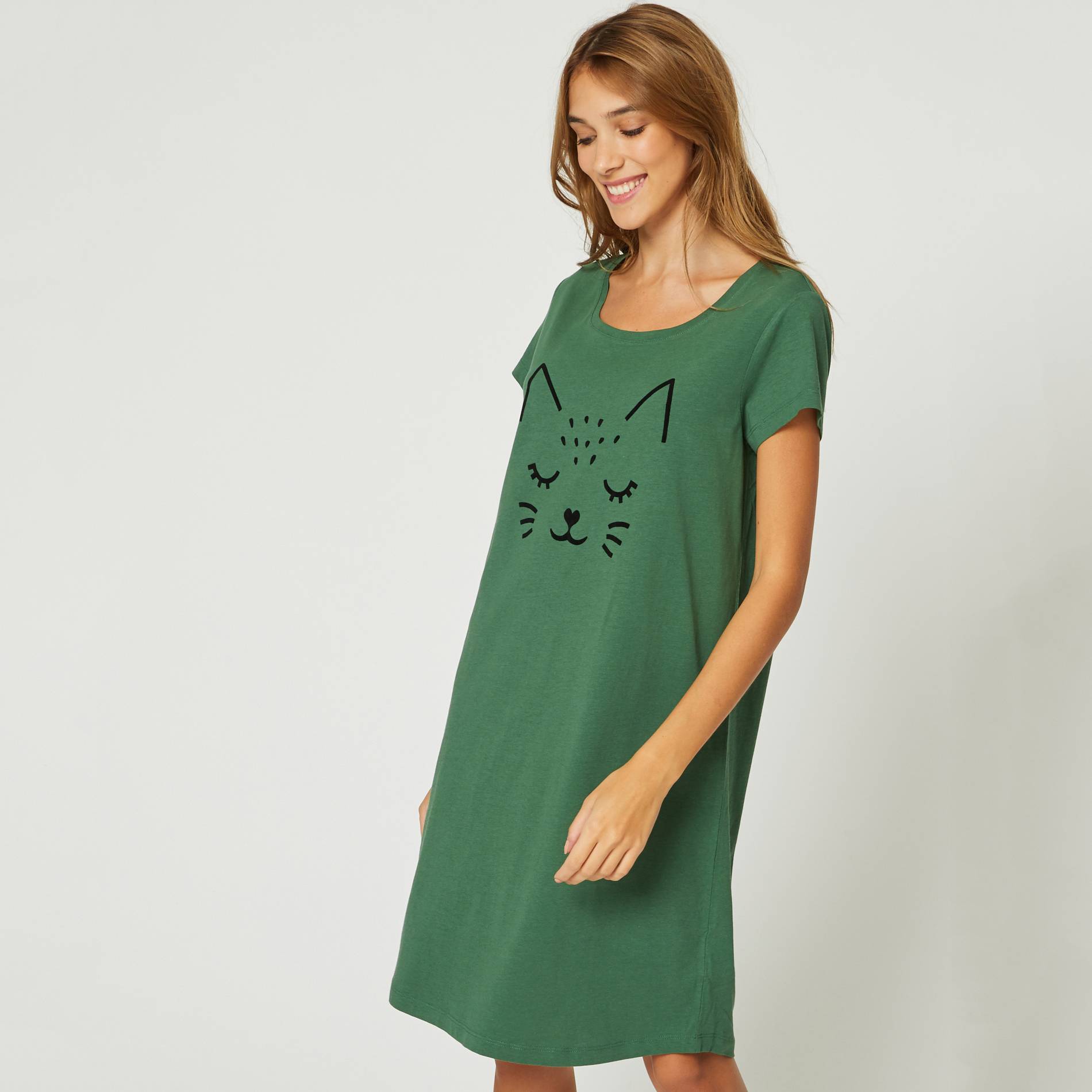Chemise de nuit imprime tete de chat en coton BIO, Vert foncé, large image number 0.0