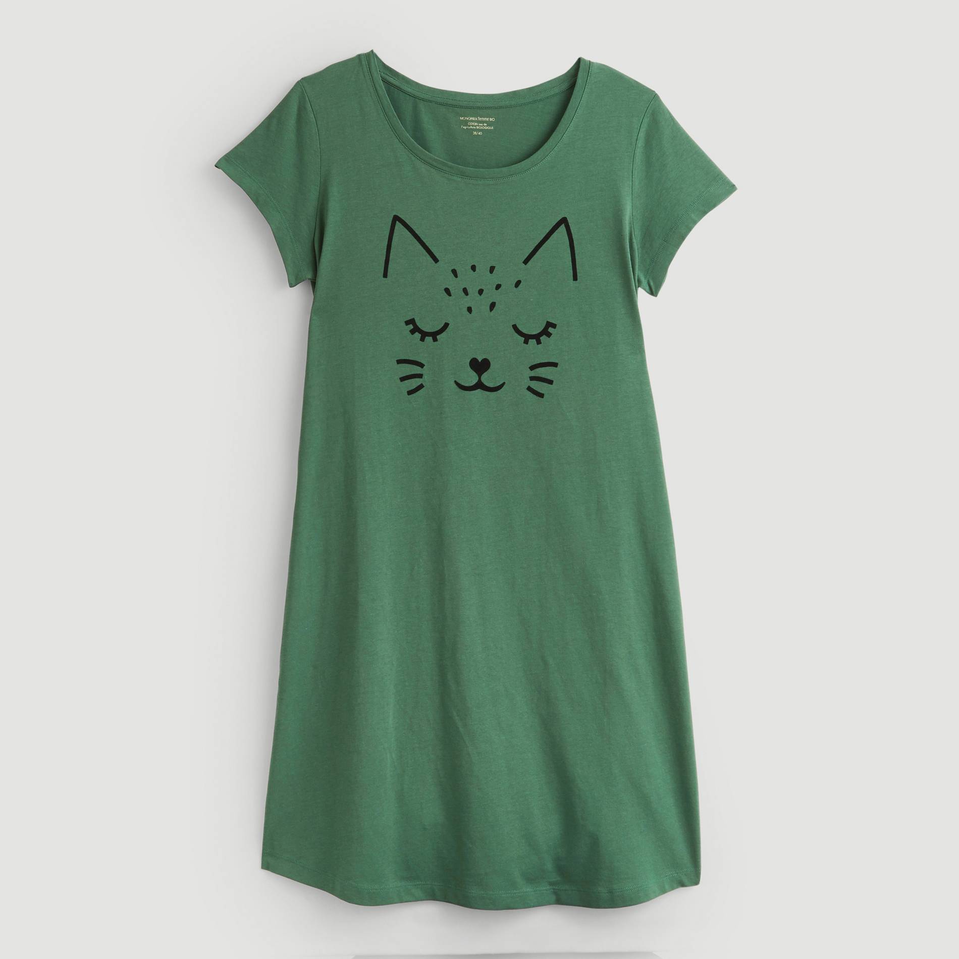 Chemise de nuit imprime tete de chat en coton BIO, Vert foncé, large image number 2