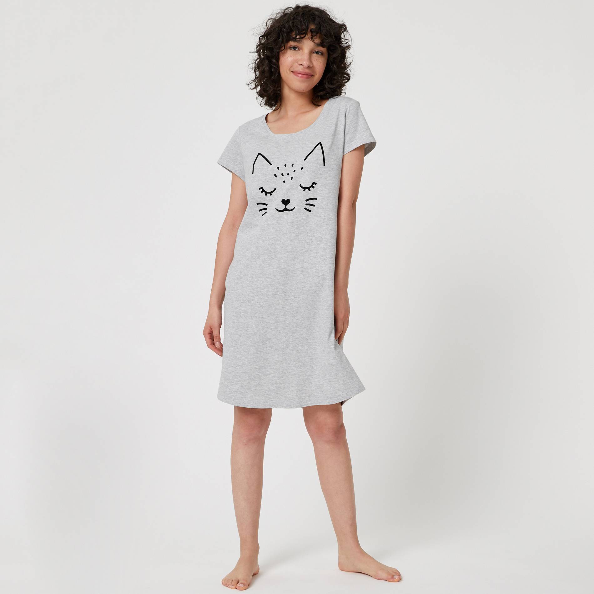 Chemise de nuit imprime tete de chat en coton BIO, Gris clair, large image number 0.0