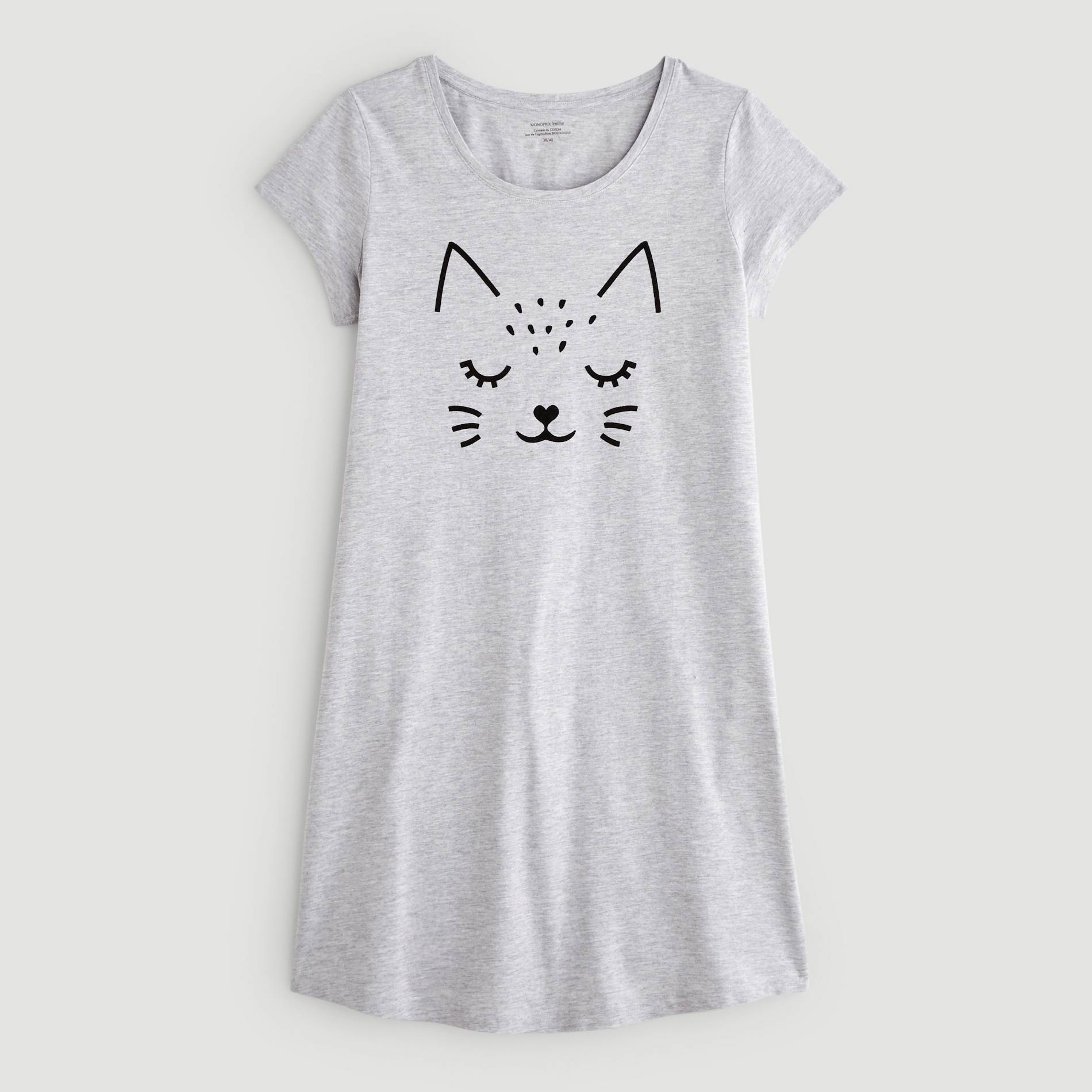 Chemise de nuit imprime tete de chat en coton BIO, Gris clair, large image number 2