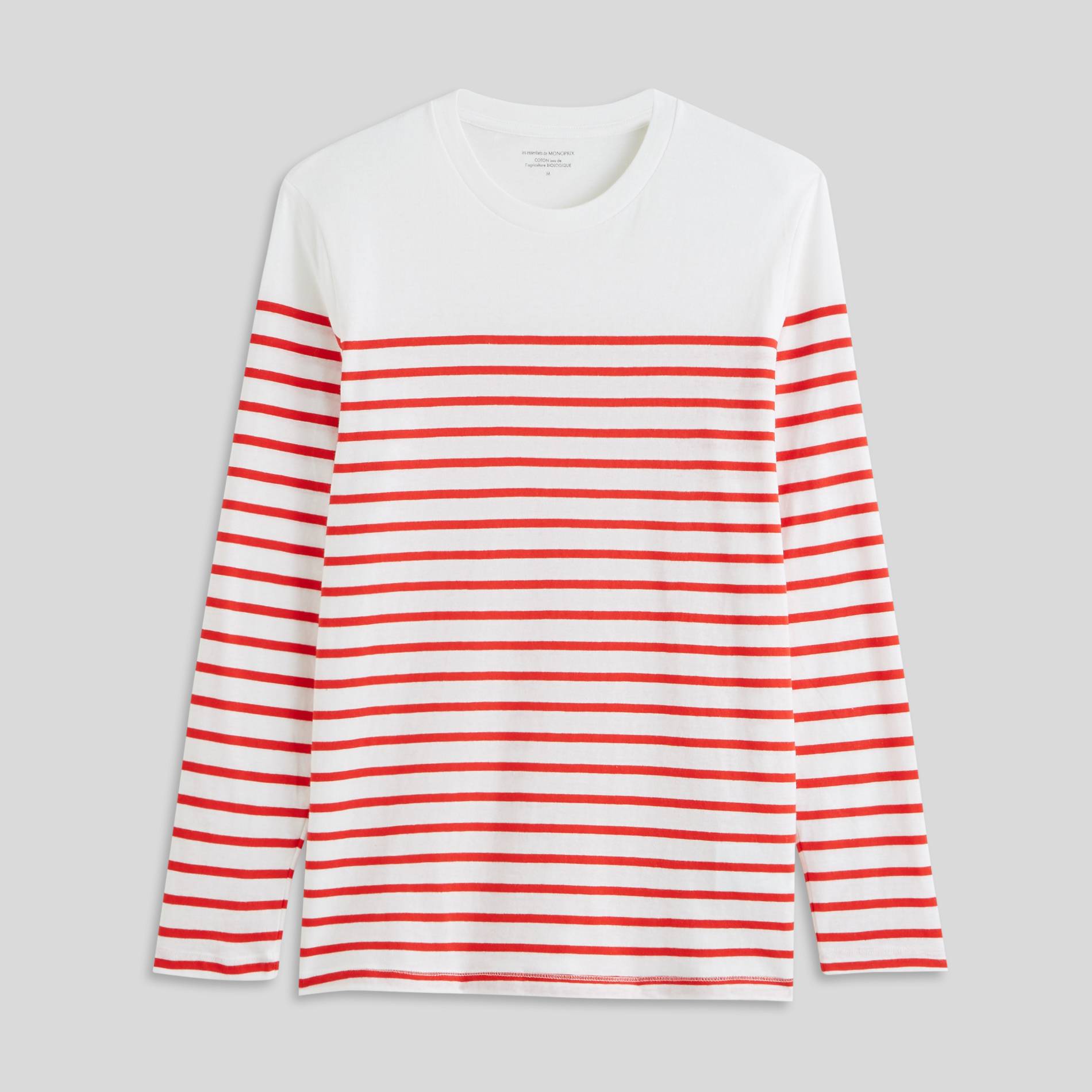 T-shirt col rond manches longues marinière en coton BIO GOTS, Ecru, large image number 2