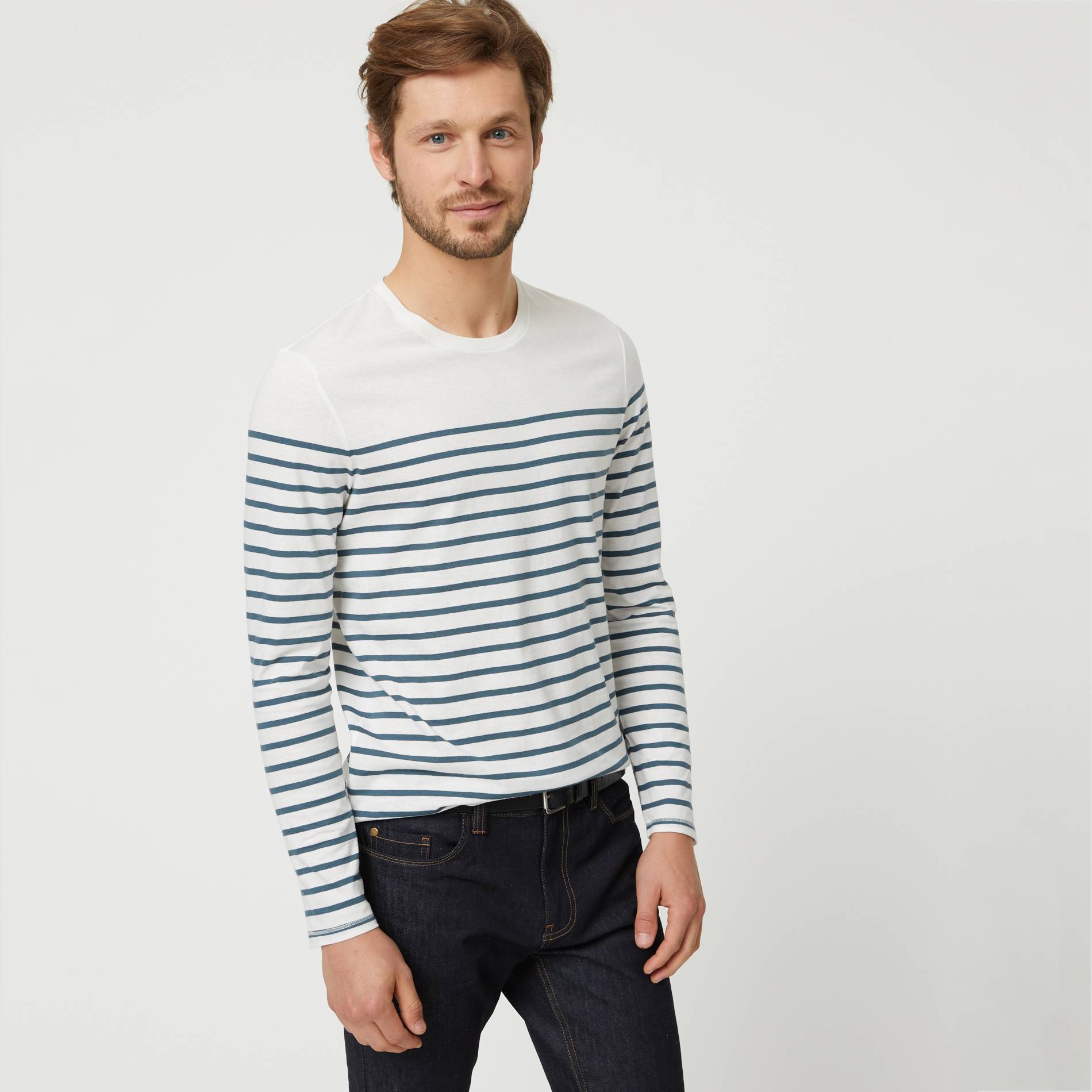 T-shirt col rond manches longues marinière en coton BIO GOTS, Ecru, swatch image